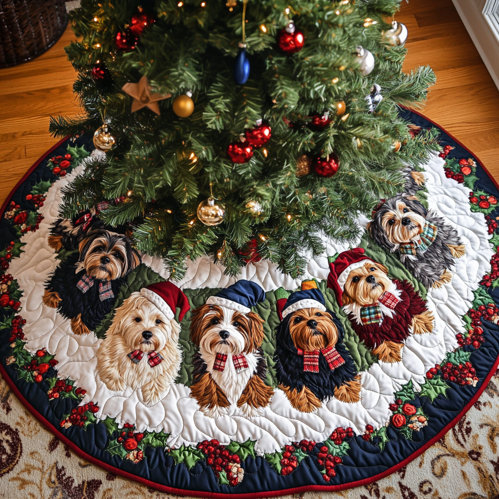 Yorkshires Joy Christmas Quilted Tree Skirt Xmas Tree Bottom Cover Gifts For Yorkshire Terrier Lovers