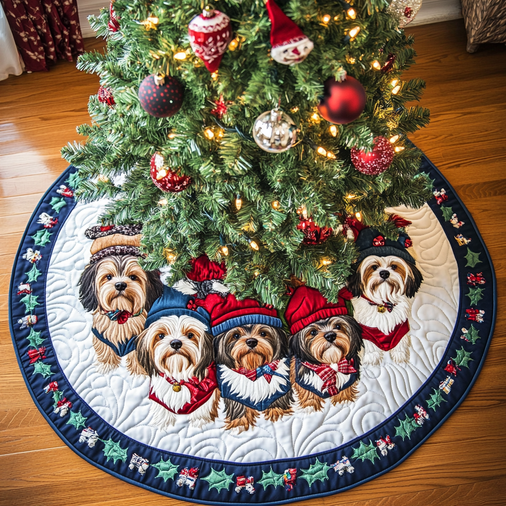 Yorkshires Magic Christmas Quilted Tree Skirt Xmas Tree Stand Cover Yorkshire Terrier Merchandise
