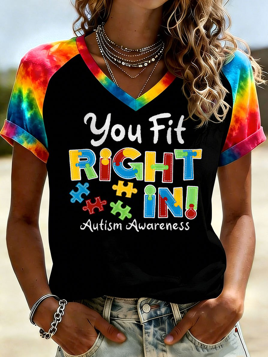 You Fit Right In V-Neck Shirt Autism Awareness Clothing Best Gift For Autism Sister