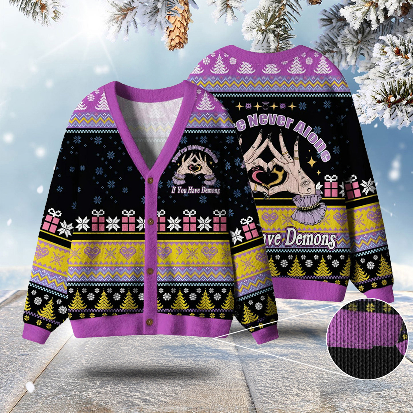 You'Re Never Alone If You Have Demons Ugly Cardigan Sweaters Xmas Party Outfits Nana Xmas Gifts