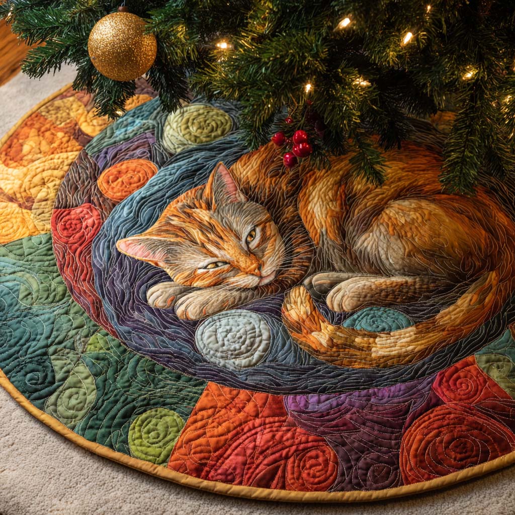 Yule Nap Haven Quilted Tree Skirt Xmas Indoor Decorations Black Cat Themed Gifts