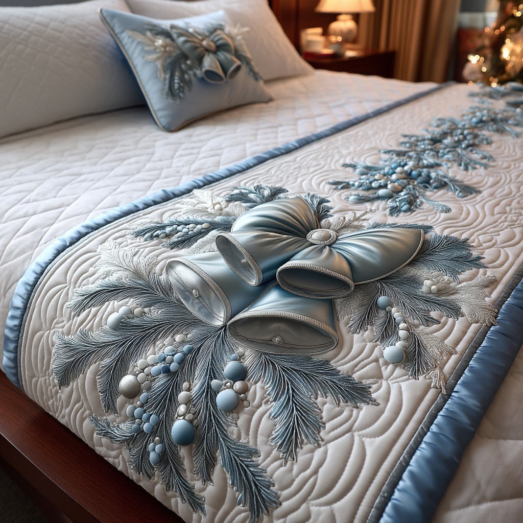 Yuletide Bell Glow Quilted Bed Runner Christmas Bed Scarf Great Family Xmas Gifts