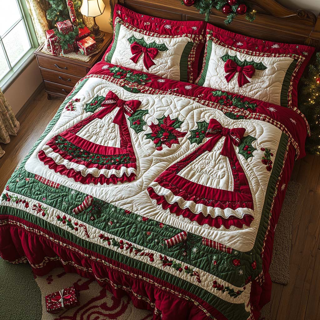 Yuletide Bells Quilted Bedding Set Luxury Bedding Set with Pillow Covers Included