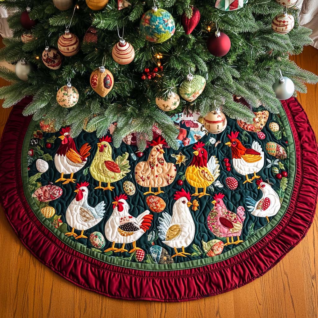 Yuletide Chickens Parade Christmas Quilted Tree Skirt Christmas Tree Bottom Cover Thoughtful Christmas Gifts For Wife