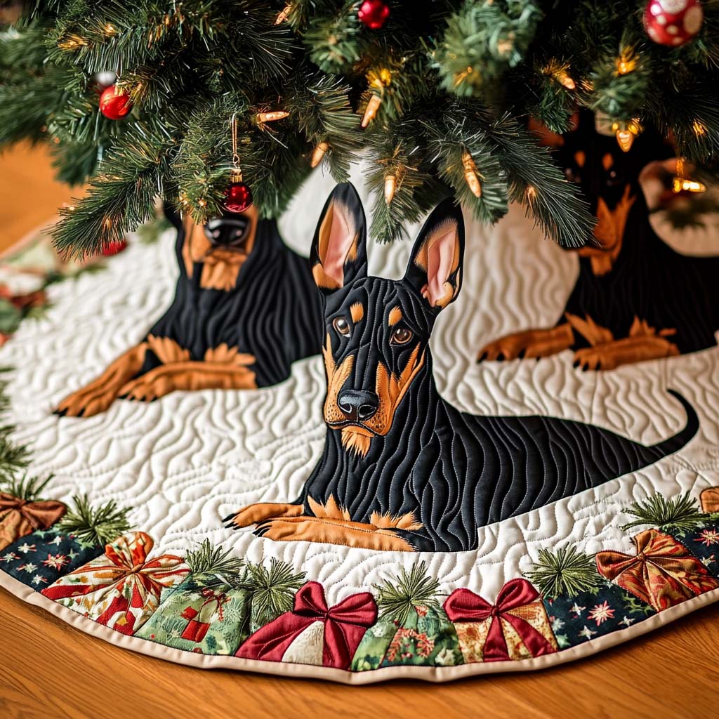 Yuletide Doberman Protector Christmas Quilted Tree Skirt Holiday Party Decor for Home Under-Tree Christmas Decor