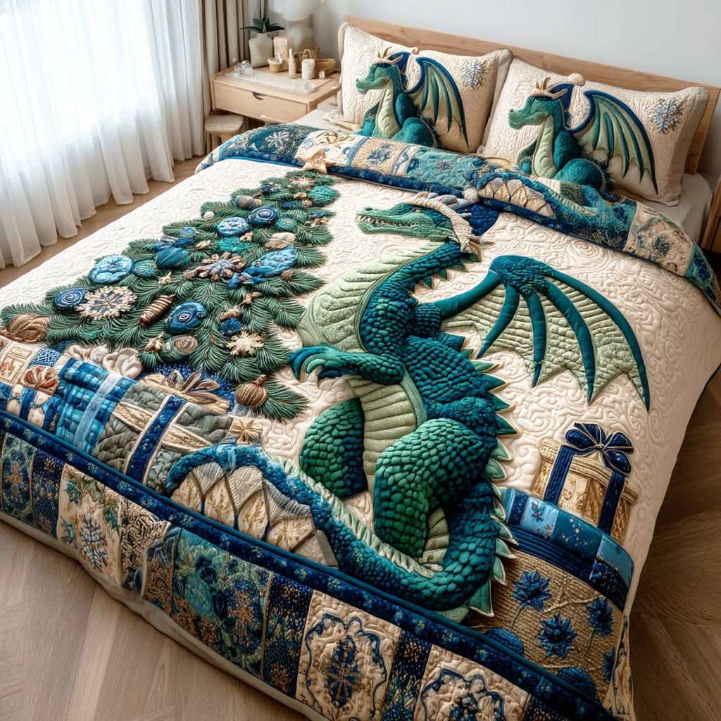 Yuletide Dragon Quilted Bedding Set Perfect Bedding Gift Set for Holiday Celebrations