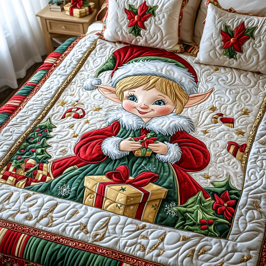 Yuletide Elf Quilted Bedding Set Twin Bed Sheets Christmas Gift For Dad