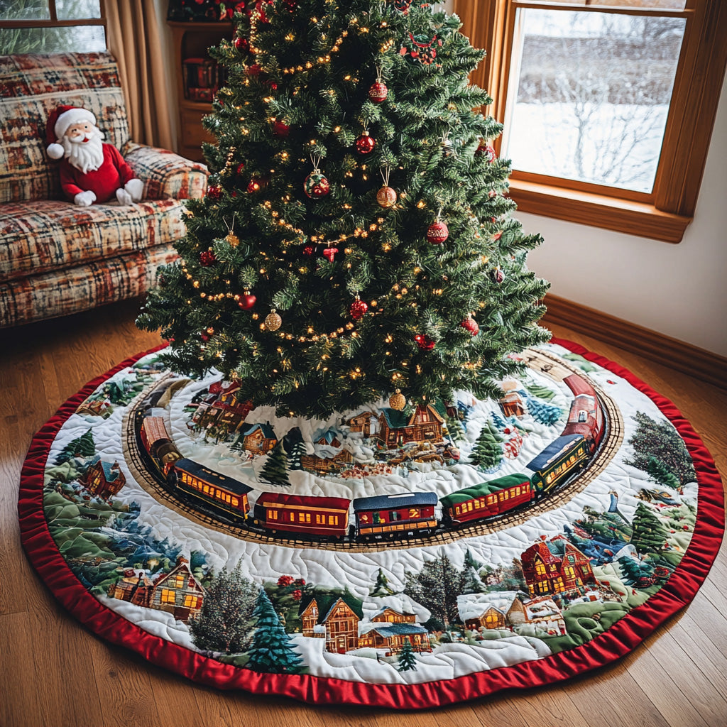Yuletide Engine Quilted Christmas Tree Skirt Unique Holiday Gift Merch for Family Homes