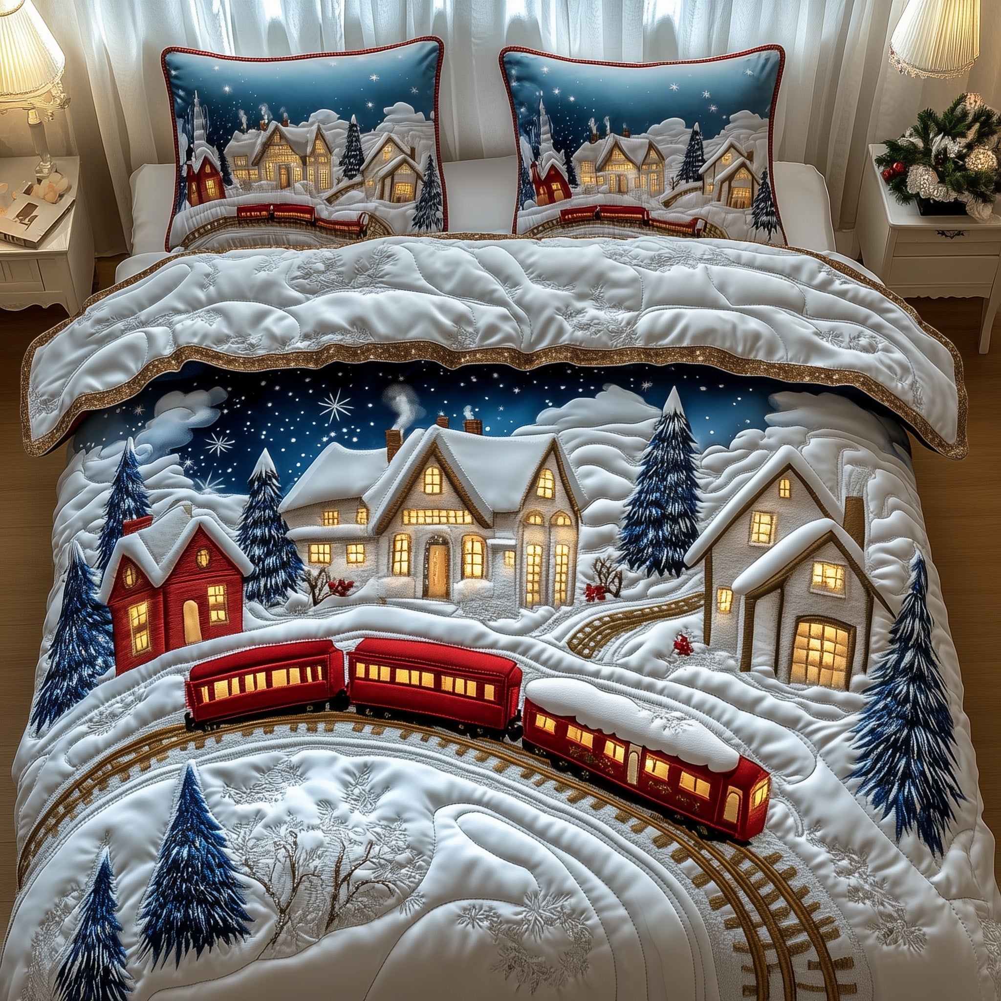 Yuletide Express Christmas Quilted Bedding Set Duvet Cover Bedspread Chritmas Theme Cute Gifts