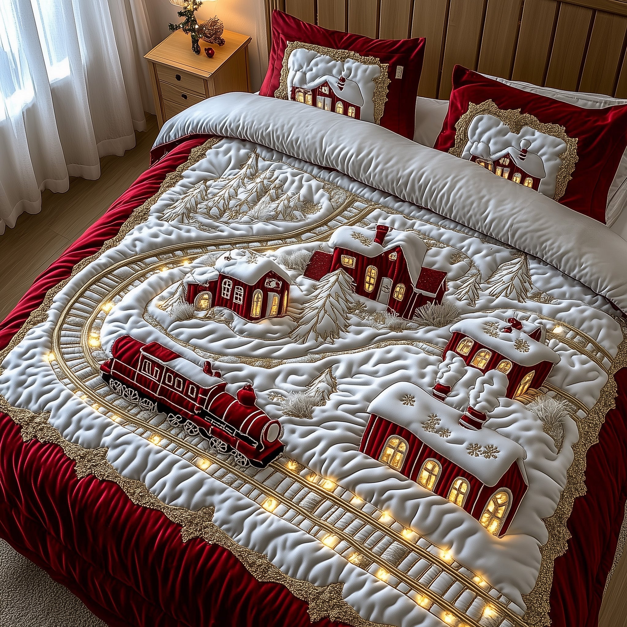 Yuletide Express Christmas Quilted Bedding Set Duvet Cover Bedspread Chritmas Theme Cute Gifts For Family