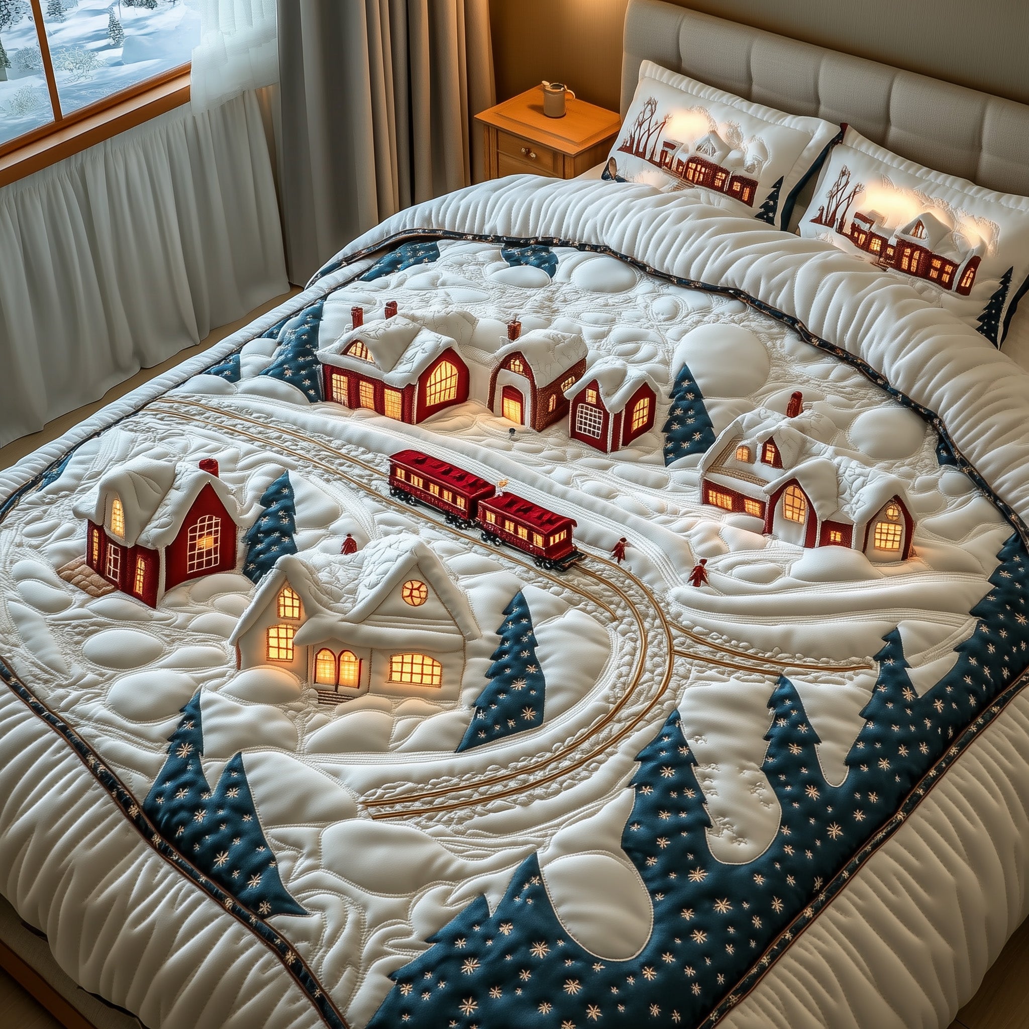Yuletide Express Christmas Quilted Bedding Set Duvet Cover Bedspread Chritmas Theme Cute Gifts For Teens