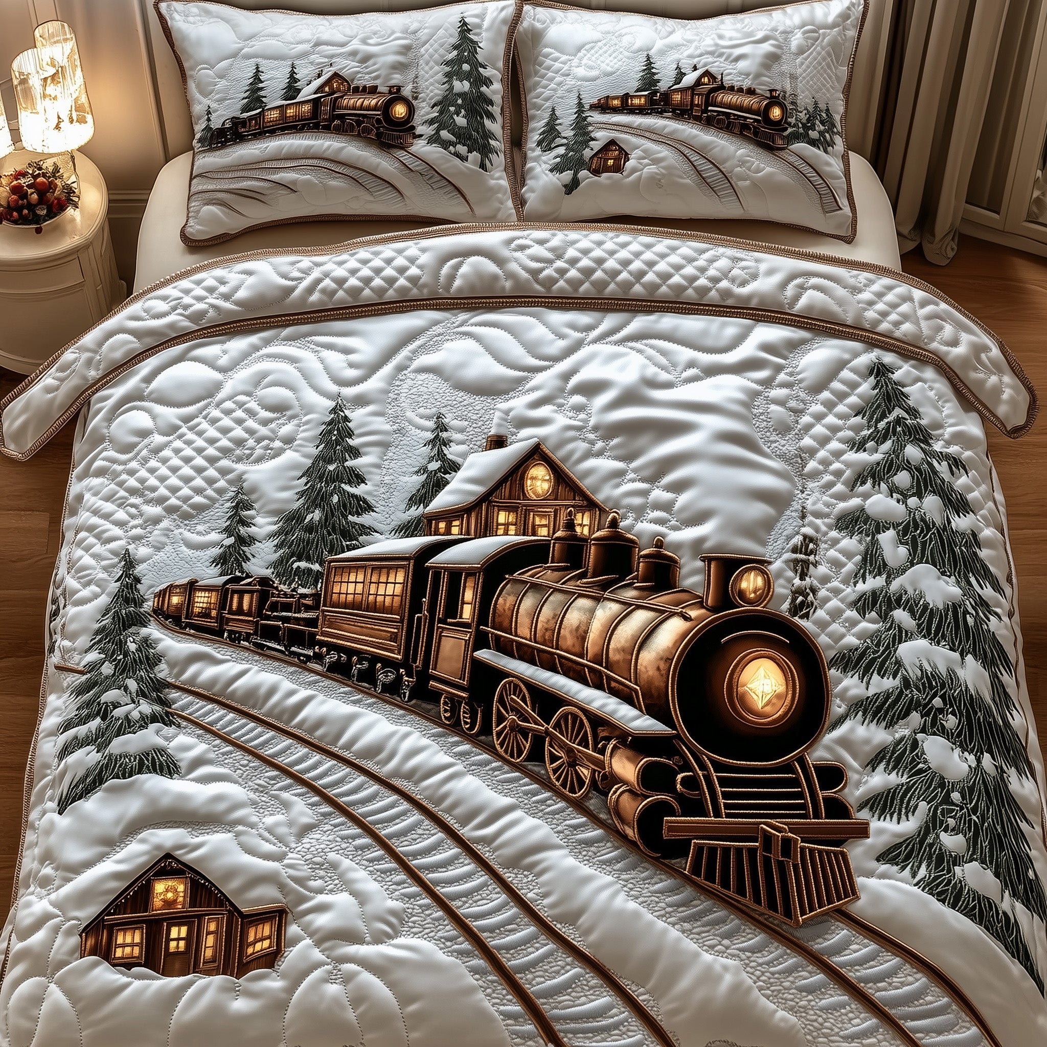 Yuletide Express Christmas Quilted Bedding Set Duvet Cover Bedspread Xmas Theme Cute Gifts For Son