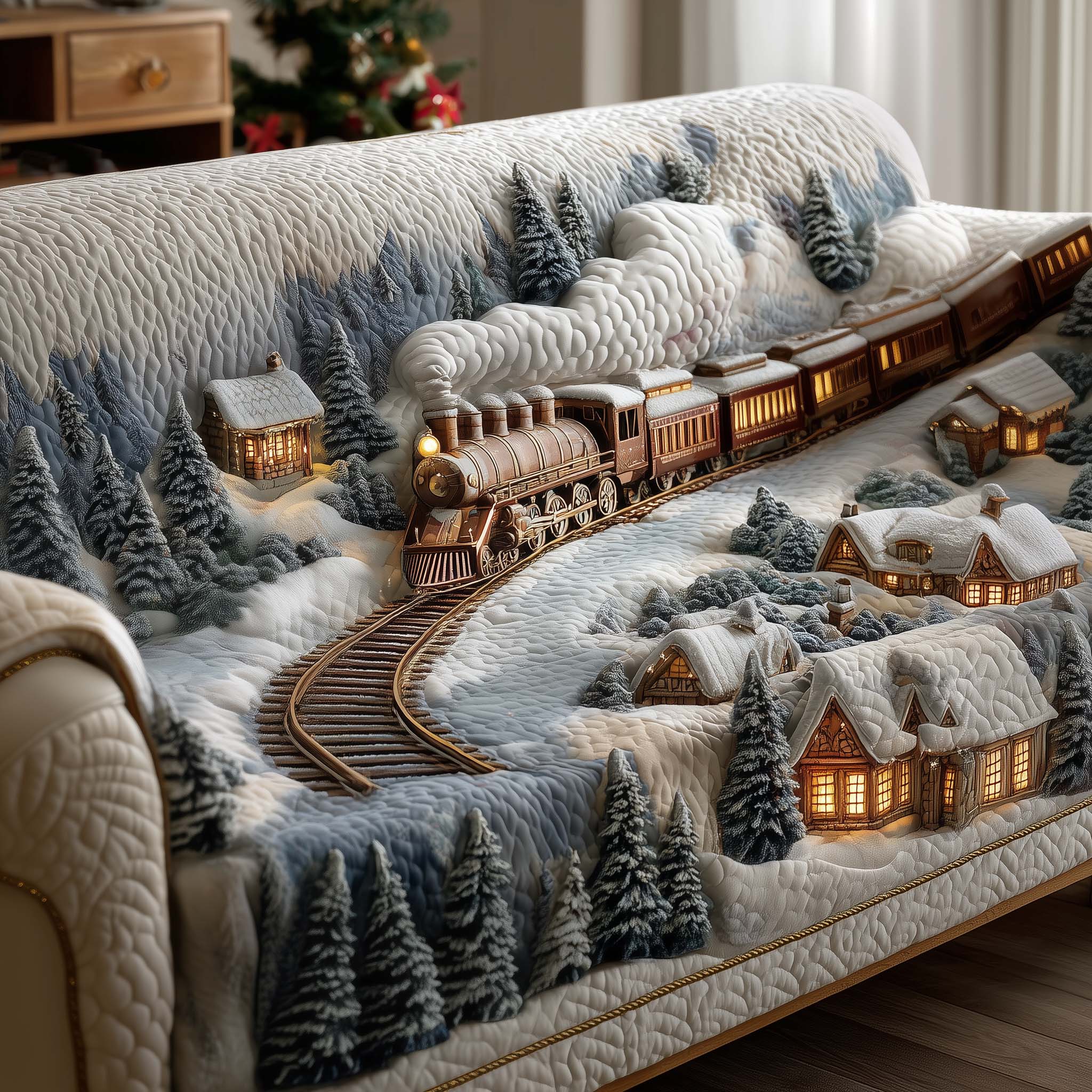 Yuletide Express Quilted Sofa Cover Festive Express Train Cozy Vibe Train Gifts Christmas