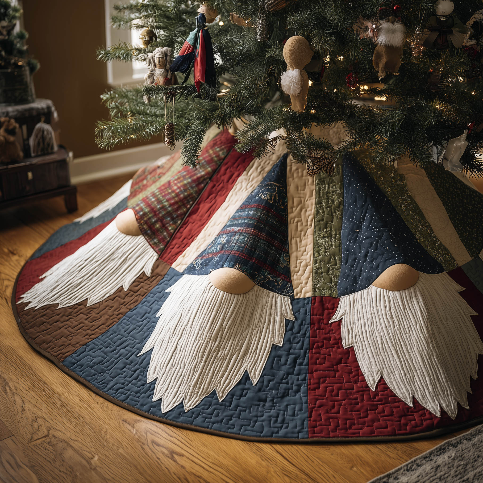 Yuletide Gnome Quilted Tree Skirt Indoor Christmas Decorations Unique Xmas Gifts