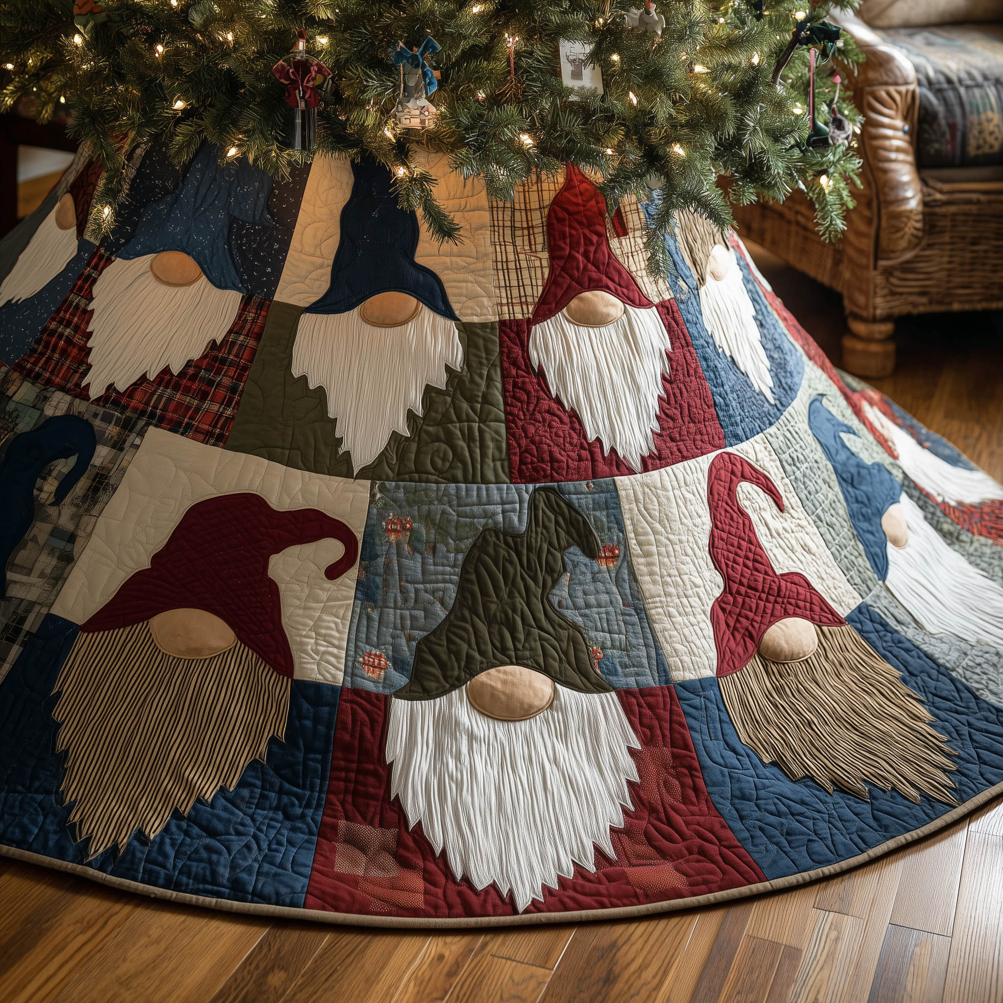 Yuletide Gnome Quilted Tree Skirt Indoor Xmas Decorations Christmas Gift For Gnome Lovers