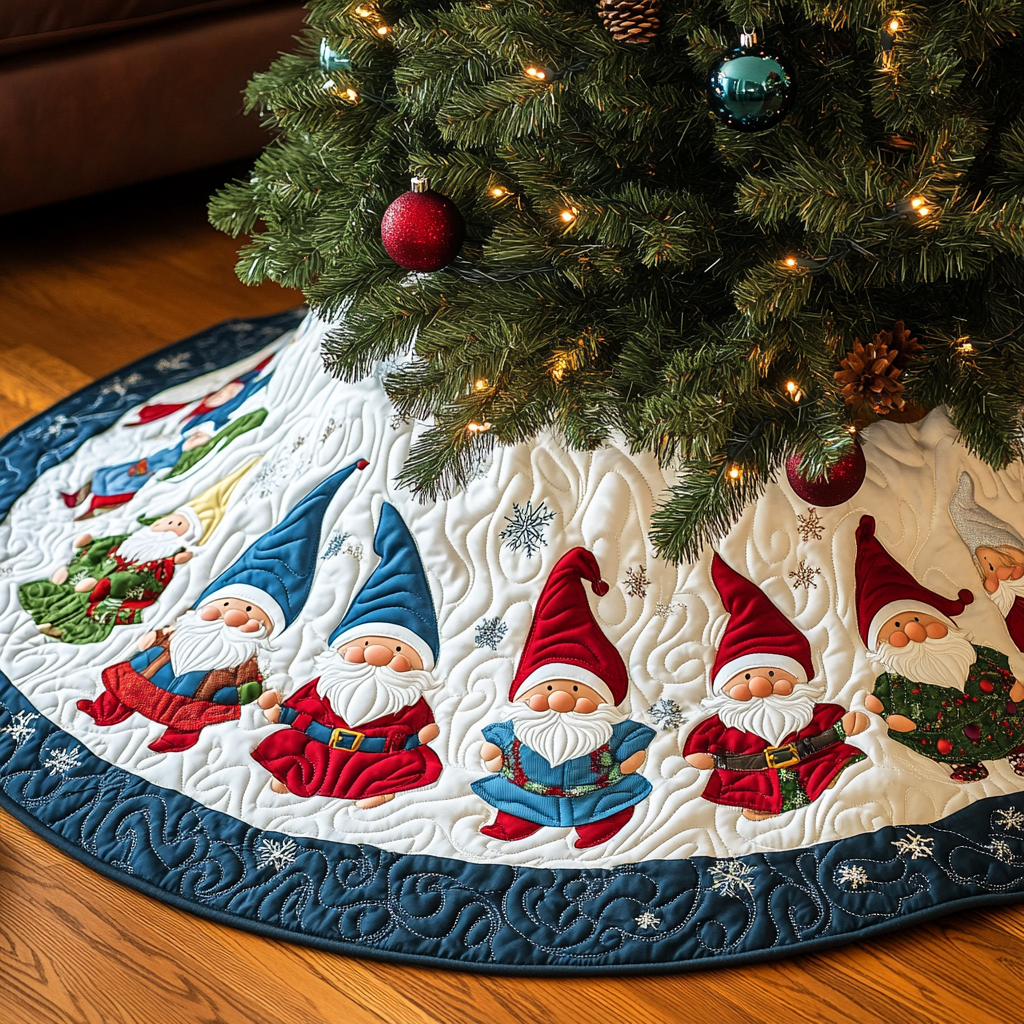 Yuletide Gnomes Quilted Christmas Tree Skirt Magical Christmas Tree Skirt to Impress Guests