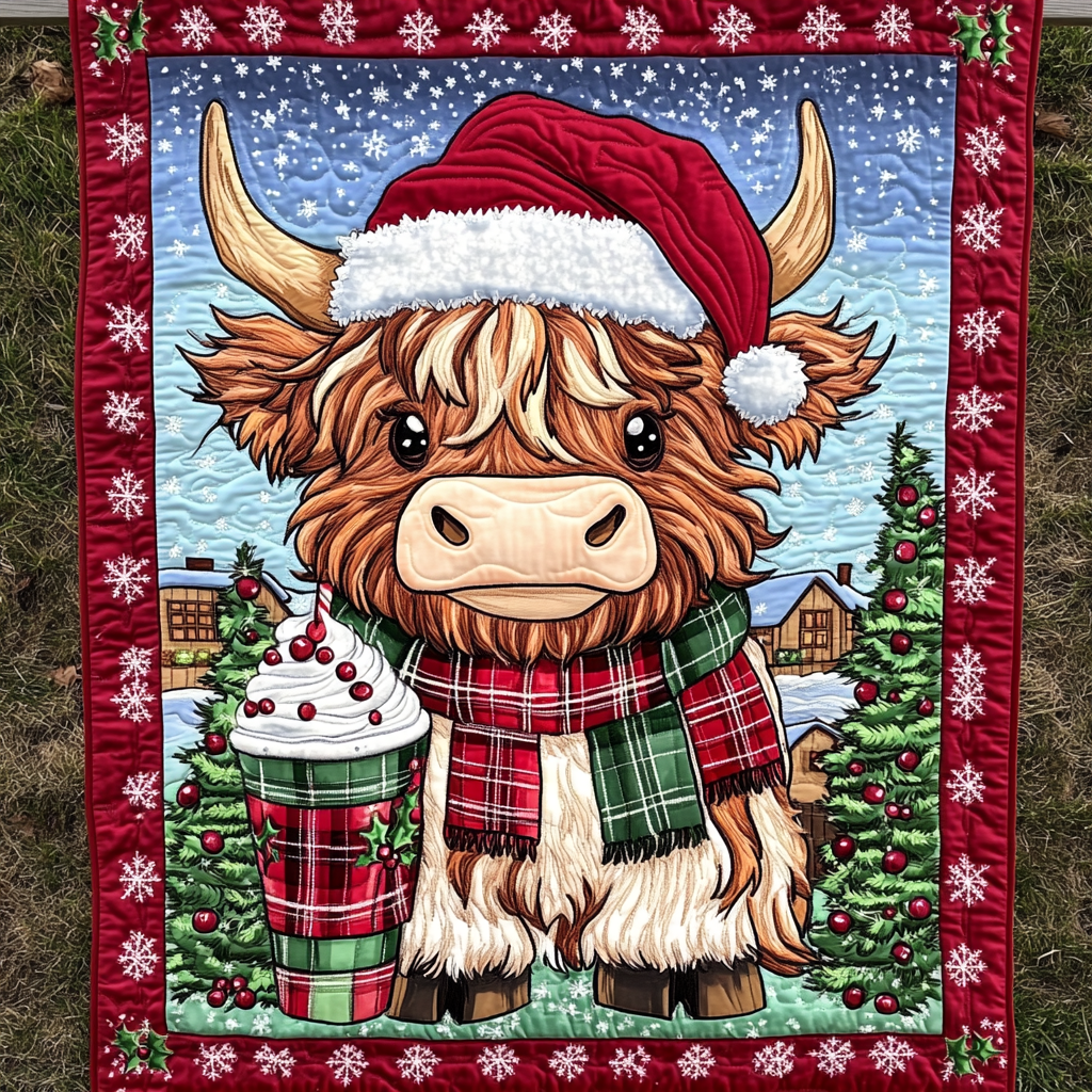 Yuletide Highland Charm Quilted Blanket Gift For Cow Lover