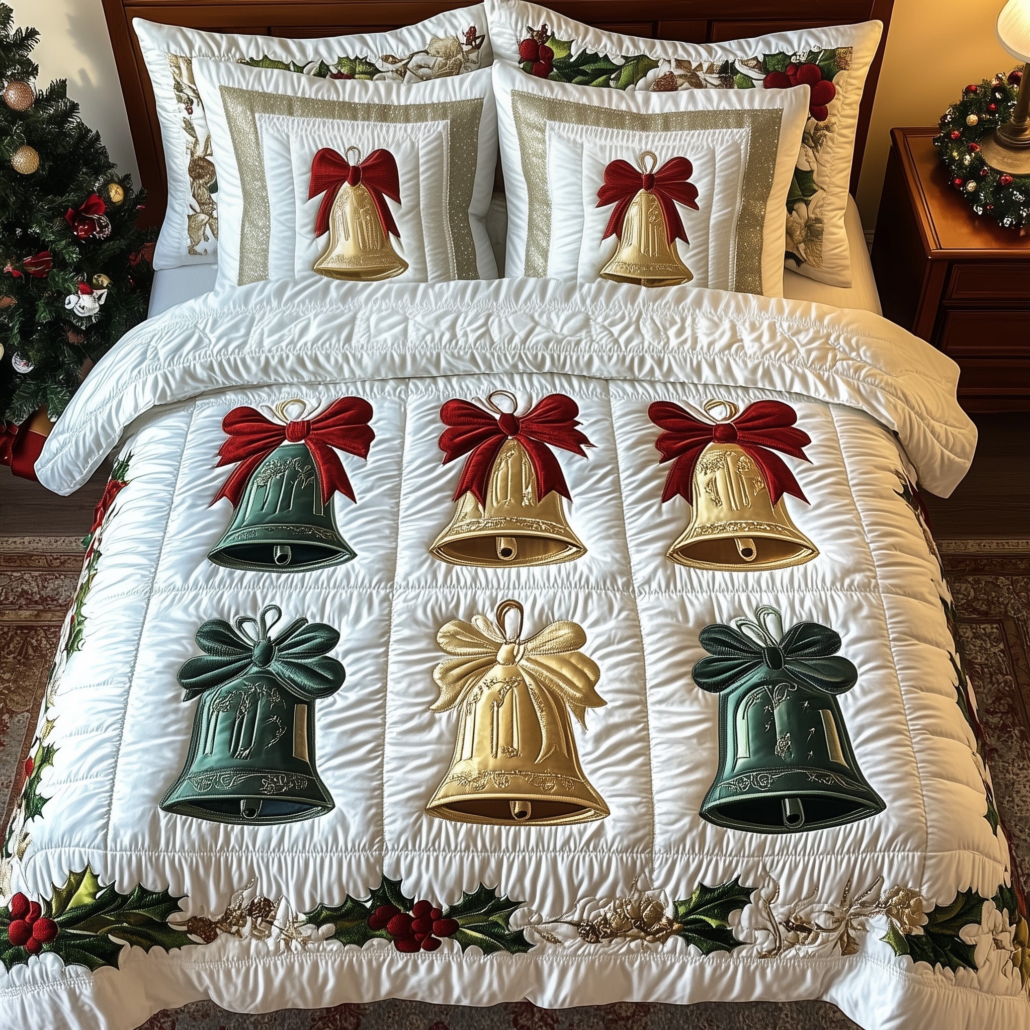 Yuletide Melody Bells Quilted Bedding Set Cozy Winter Bedding Christmas Bedroom Decor Gifts