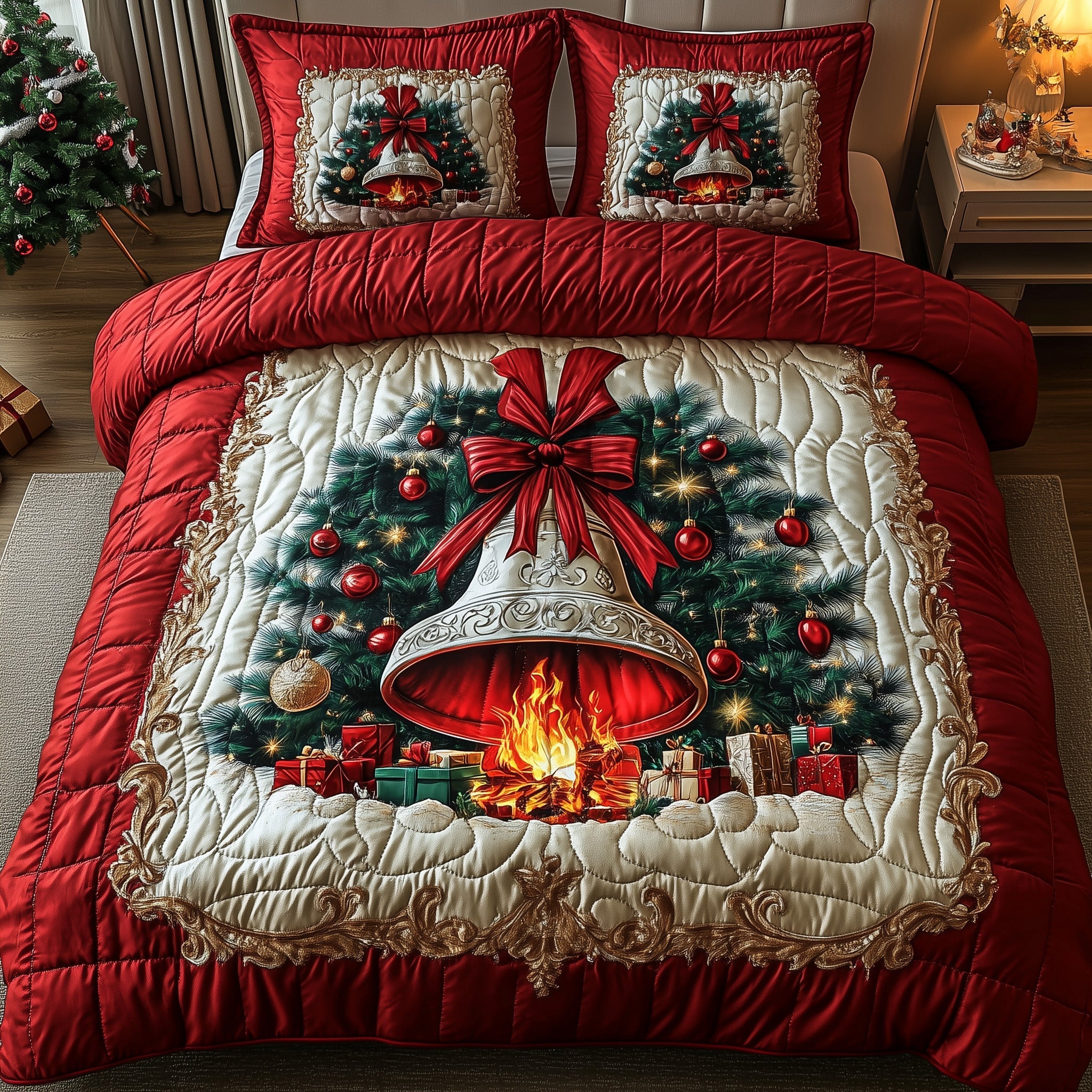 Yuletide Melody Bells Quilted Bedding Set Under The Xmas Tree Christmas Bedroom Decor Gifts