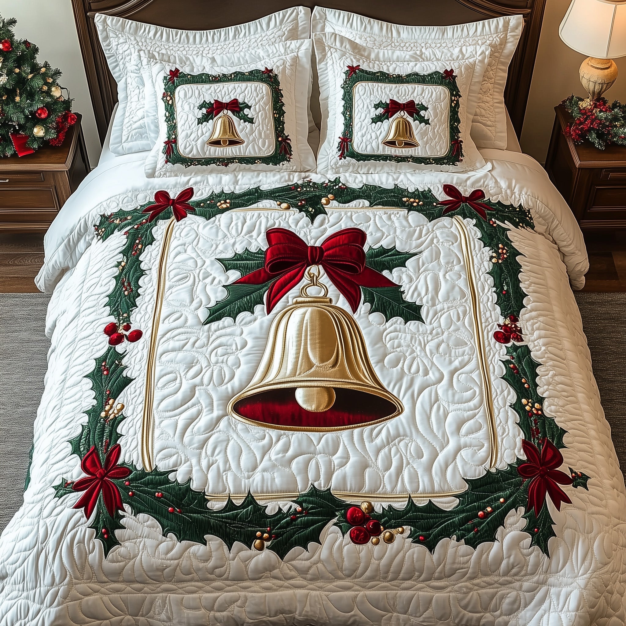 Yuletide Melody Quilted Bedding Set Jingle Bells Merry Christmas Home Bedroom Decor Gifts