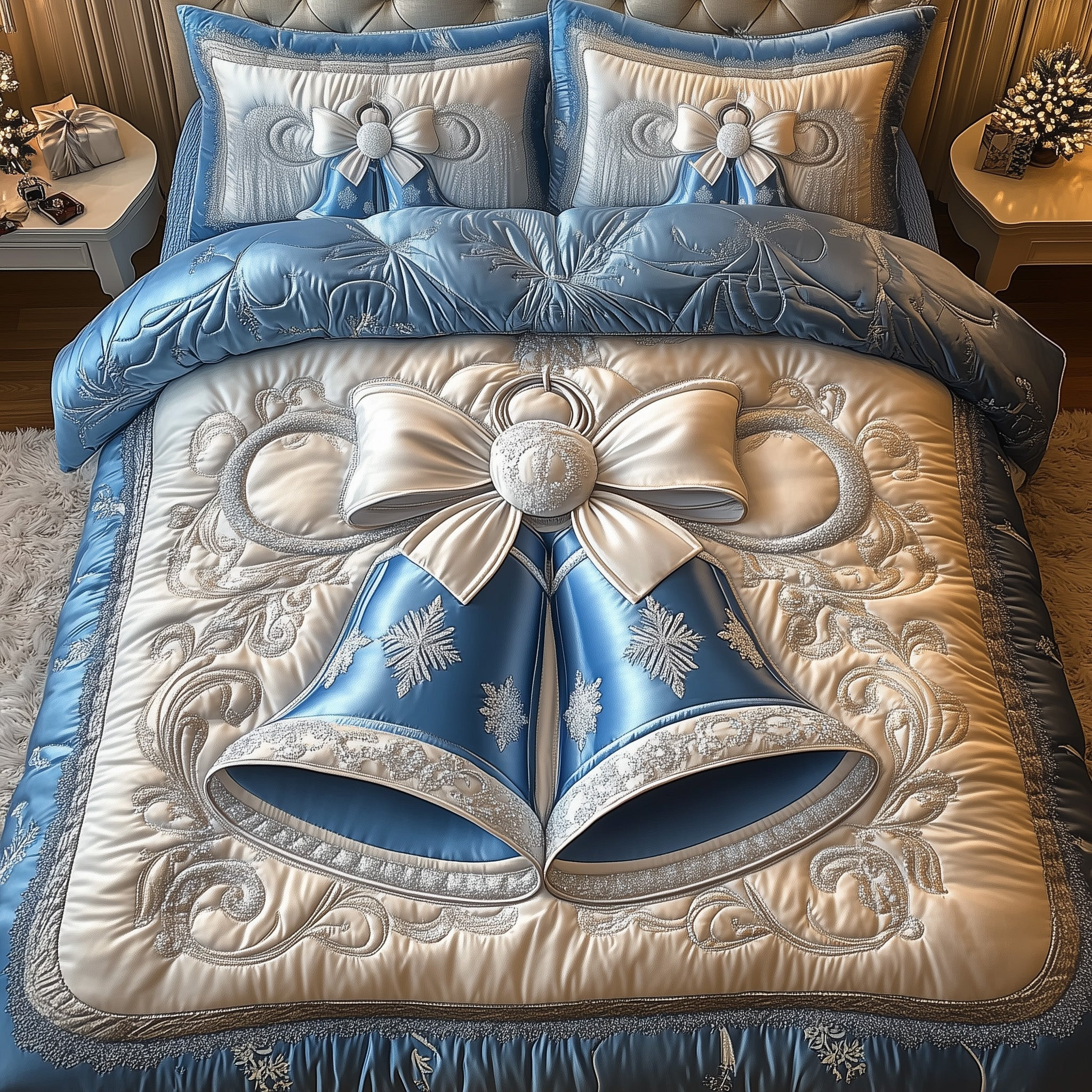 Yuletide Melody Quilted Bedding Set Snowy Jingle Bells Merry Christmas Home Bedroom Decor