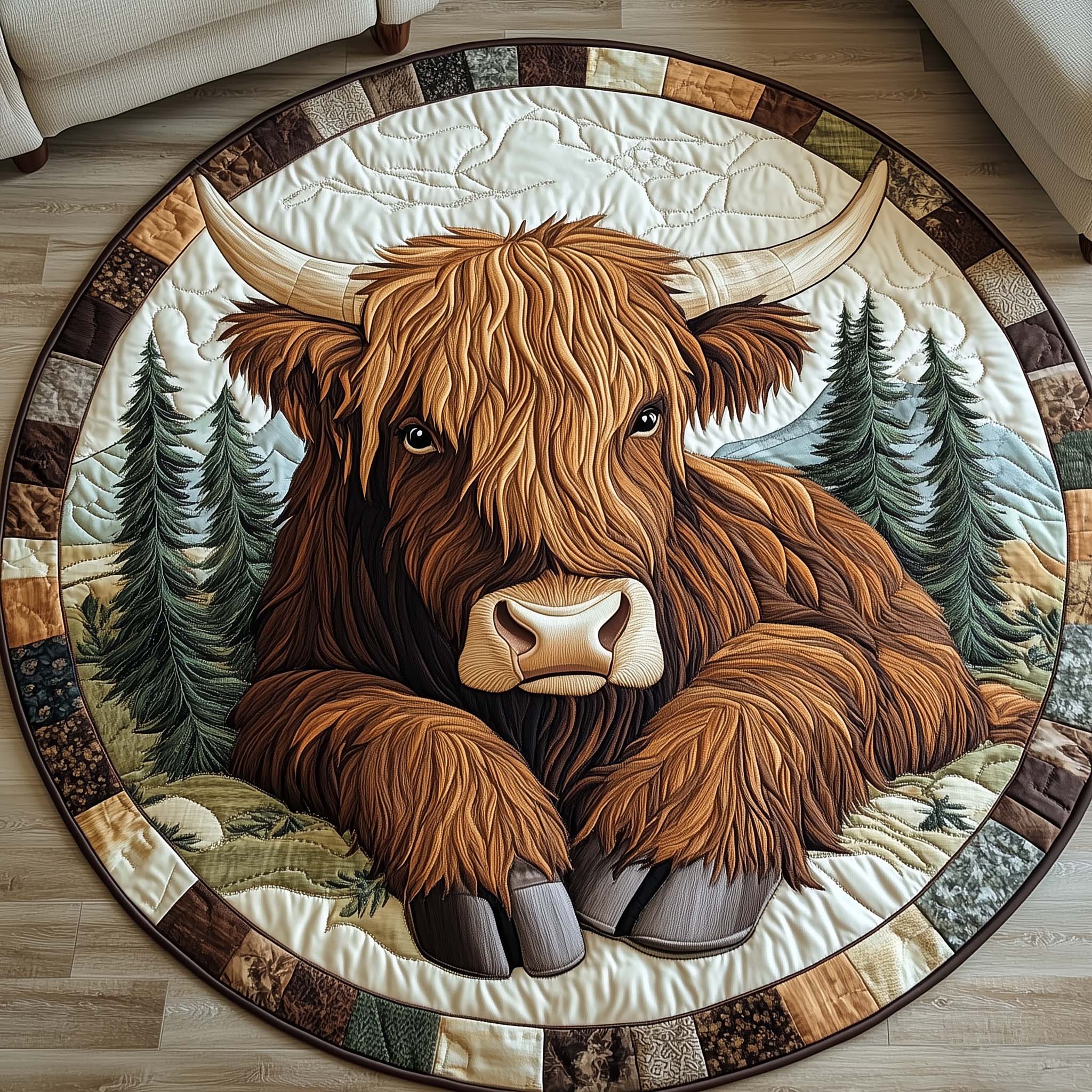 Yuletide Pasture Quilted Round Mat Premium Quilted Round Mat Gift for Family Gatherings Vibrant Quilted Round Mat to Brighten Your Room