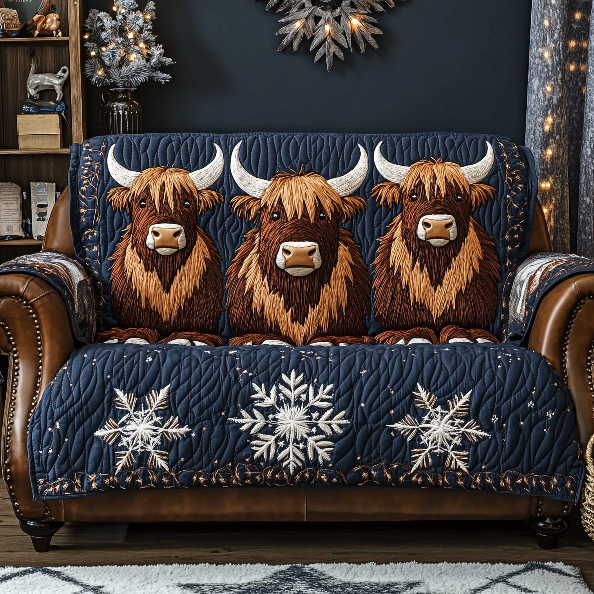 Yuletide Pasture Quilted Sofa Cover Country Christmas Pasture Design Cow Lover Gift Ideas