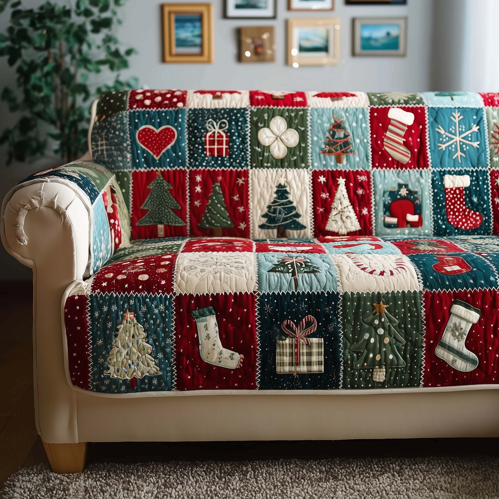 Yuletide Patchwork Quilted Sofa Cover Festive Quilted Cover Durable Fabric Christmas Gift Idea