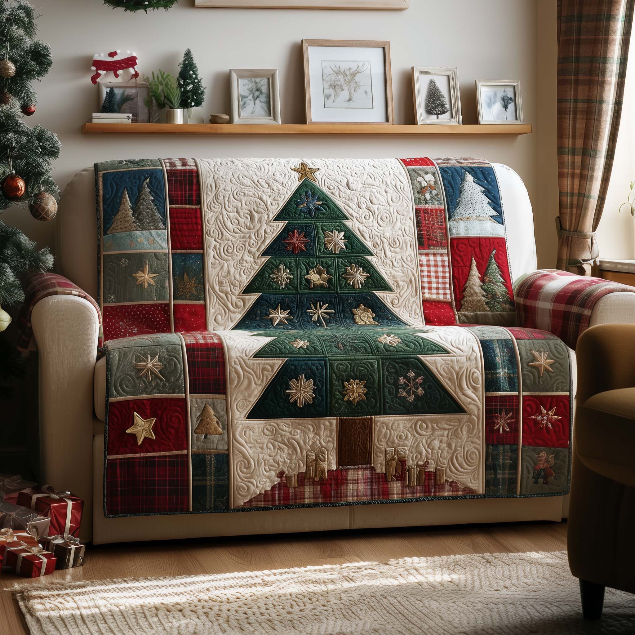 Yuletide Patchwork Tree Quilted Sofa Cover Patchwork Sofa Throw Warm Colors Christmas Gift Idea