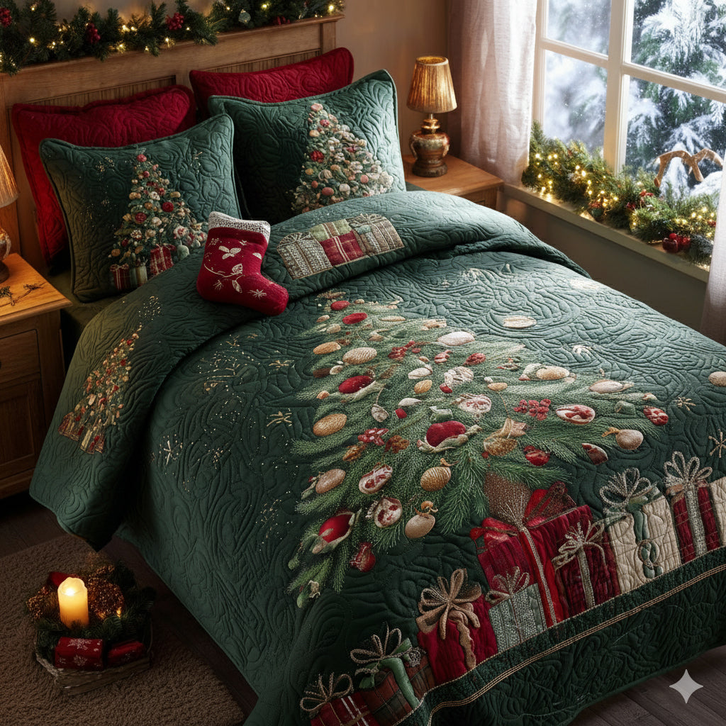 Yuletide Pines Quilted Bedding Set Holiday Duvet Cover Set Best Christmas Gifts For Mom