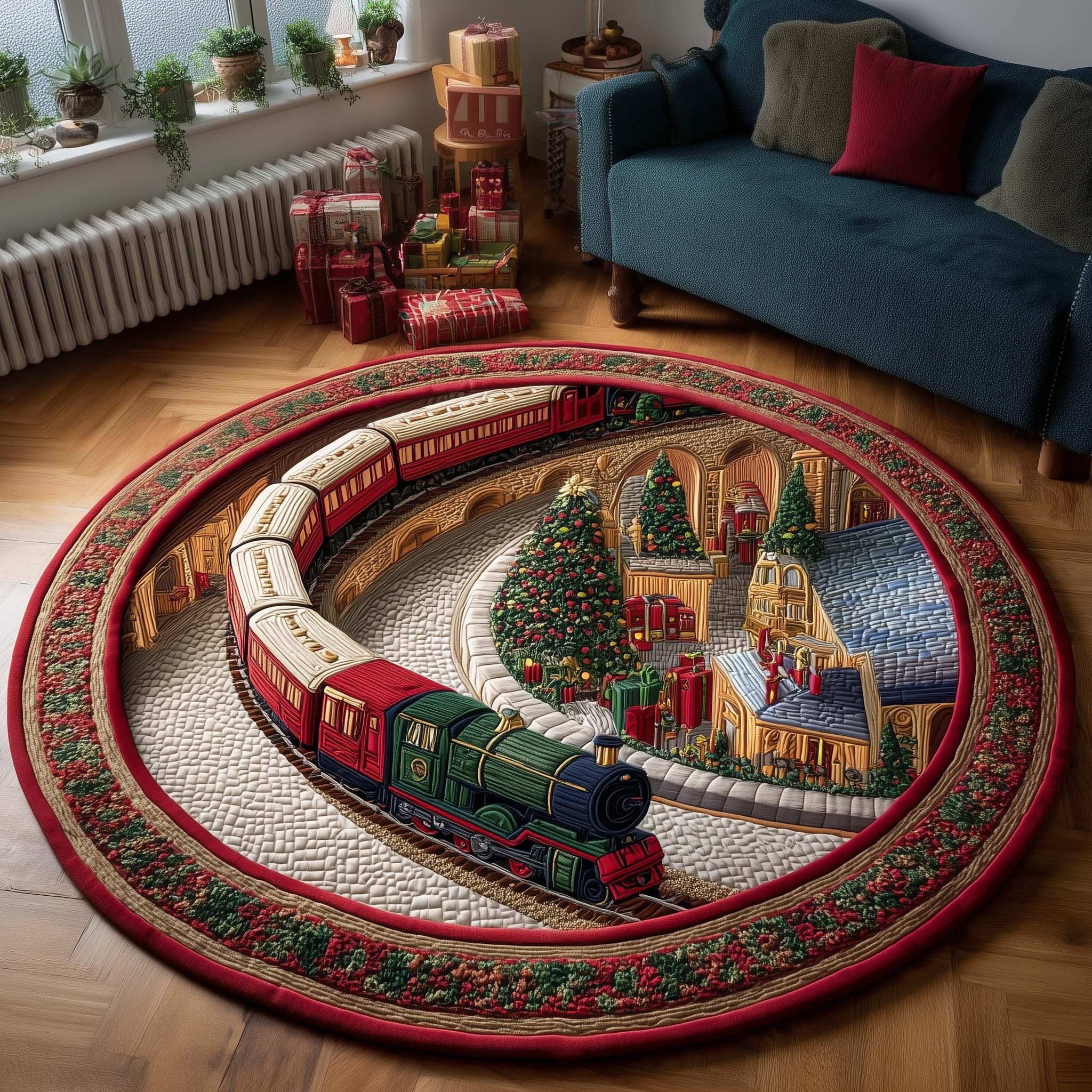 Yuletide Railway Quilted Round Mat Durable Quilted Round Mat That Lasts for Years Decorative Quilted Round Mat for Elegant Spaces