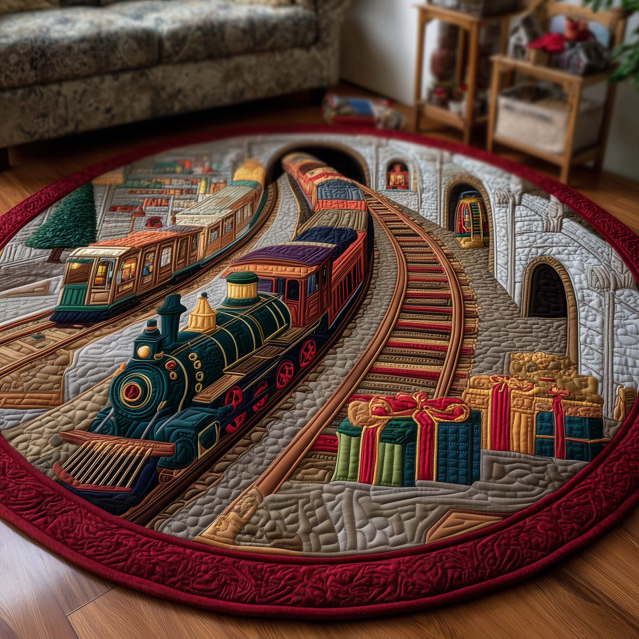 Yuletide Railway Quilted Round Mat Handcrafted Quilted Round Mat for Stylish Rooms Perfect Quilted Round Mat for Any Floor Surface