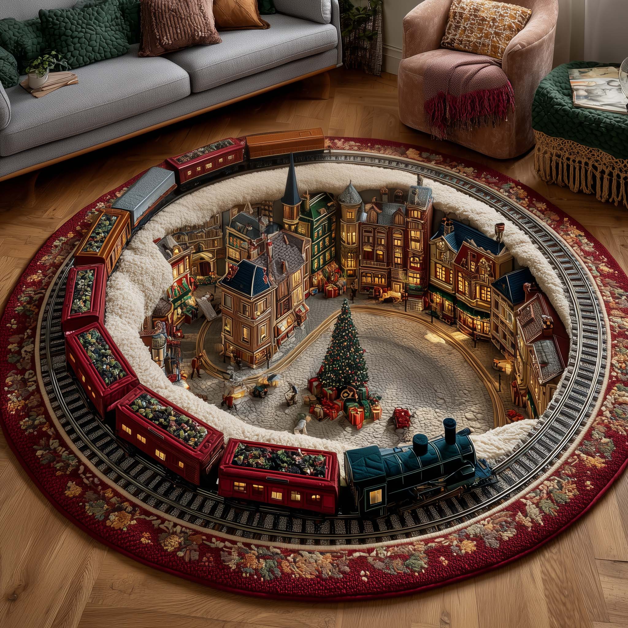 Yuletide Railway Quilted Round Mat Luxury Quilted Round Mat for Living Room Elegance Luxury Quilted Round Mat for Stylish Homes