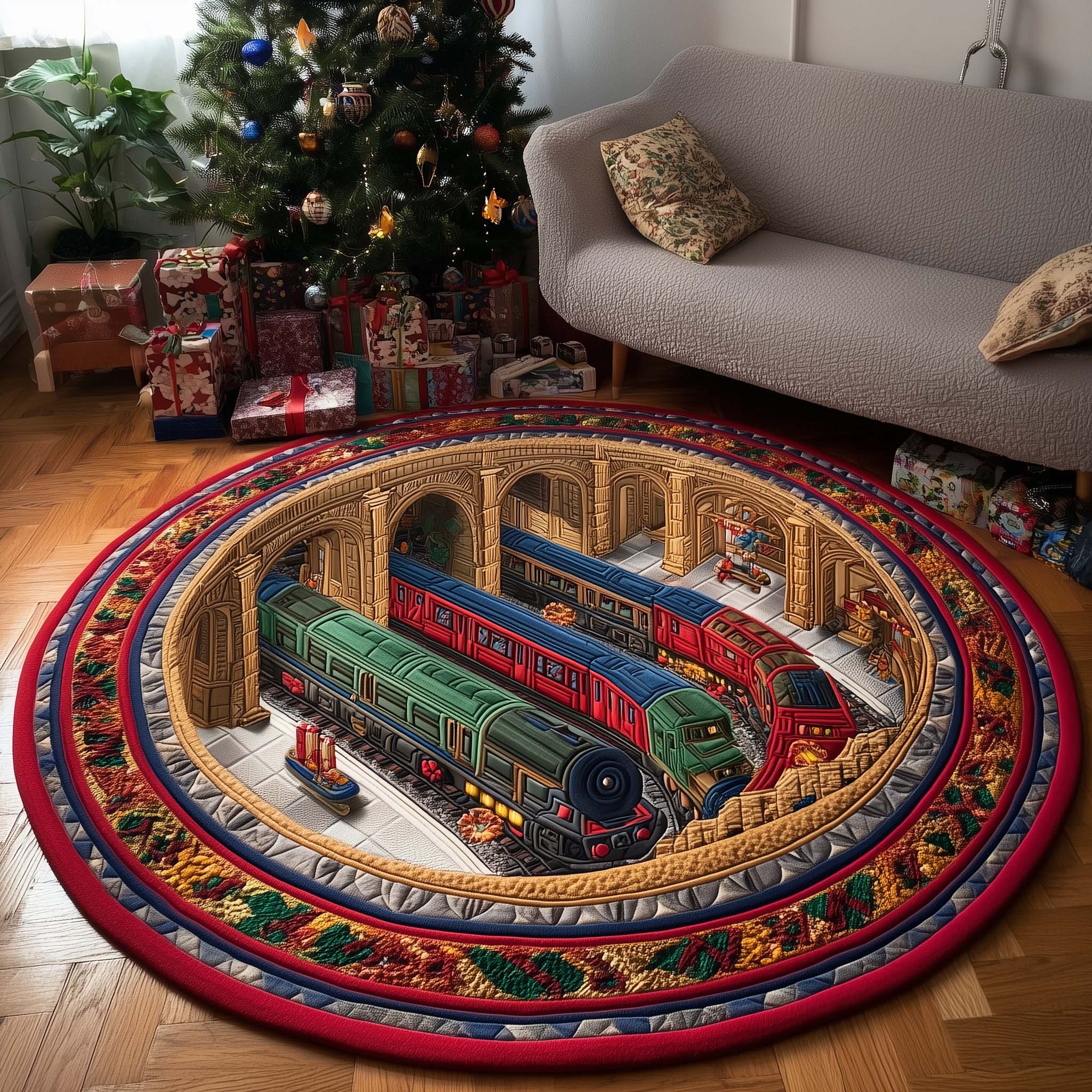 Yuletide Railway Quilted Round Mat Perfect Holiday Gift for Mat Lovers Soft and Stylish Quilted Round Mat for Home Decor