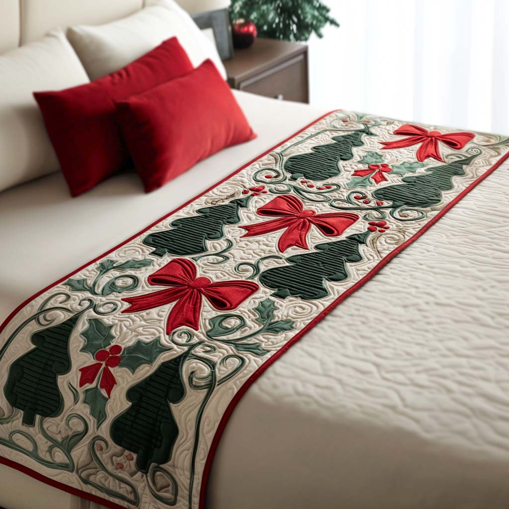 Yuletide Ribbons Quilted Bed Runner Christmas Decorations Best Holiday Gifts 2025