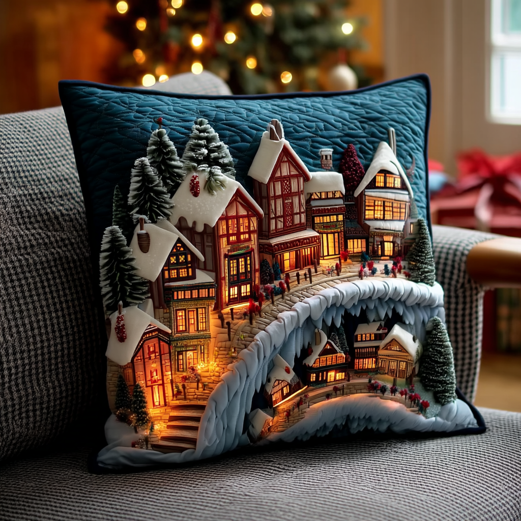 Yuletide Snowy Village Quilted Pillow Case Holiday Home Decor Christmas Gifts For Family