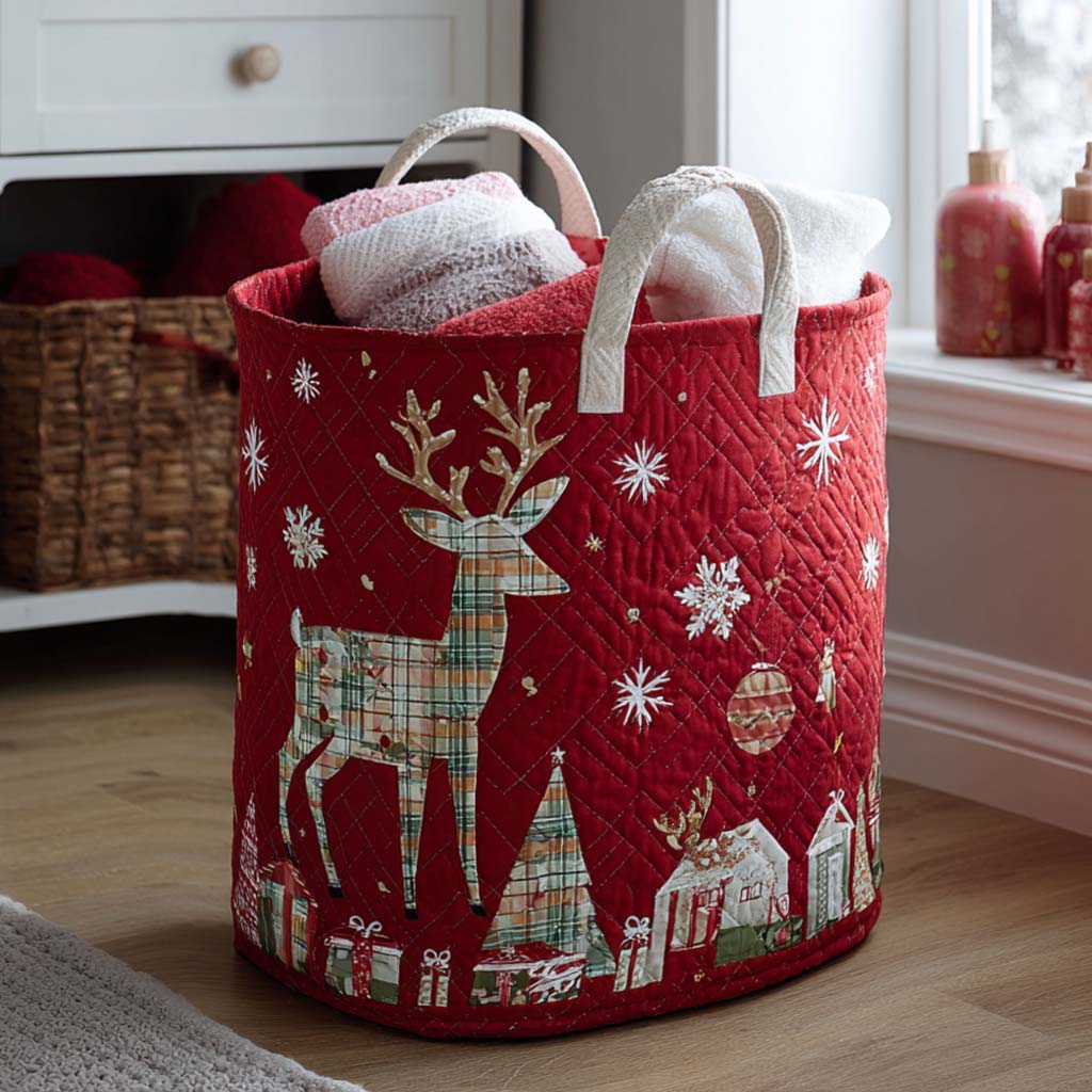 Yuletide Stag Quilted Laundry Basket Large Capacity Quilted Laundry Basket for Clothes Storage