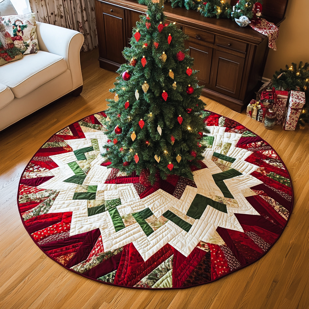 Yuletide Starburst Christmas Quilted Tree Skirt Heartwarming Christmas Tree Skirt Gift for Loved Ones