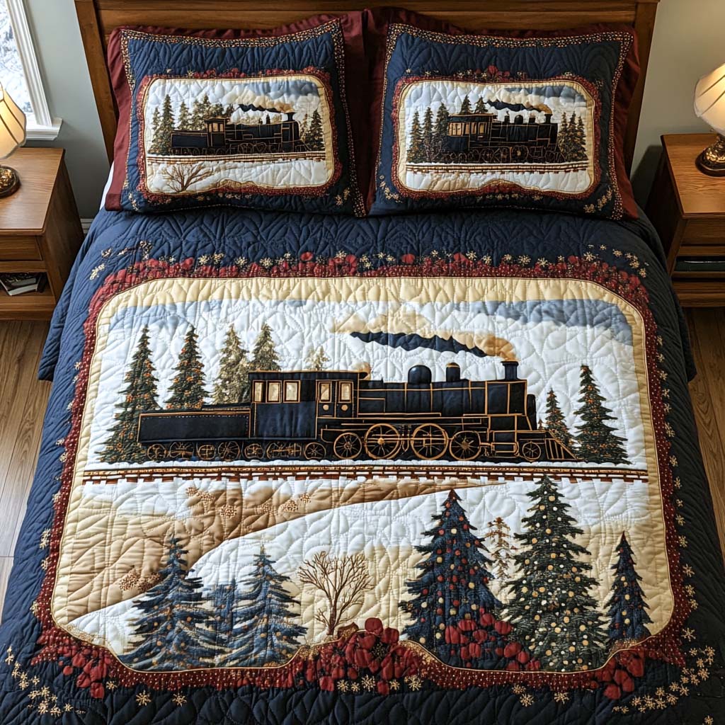 Yuletide Train Ride Quilted Bedding Set Holiday Duvet Sets Christmas Gift Ideas For Relatives