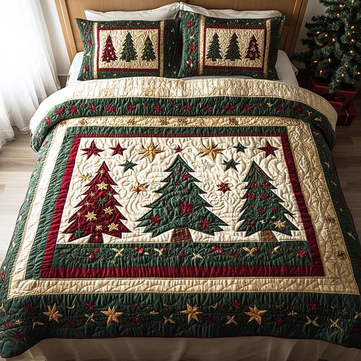 Yuletide Tree 3-Piece Quilted Bedding Set Christmas Holiday Bedspread Best Cozy Xmas Gift Ideas