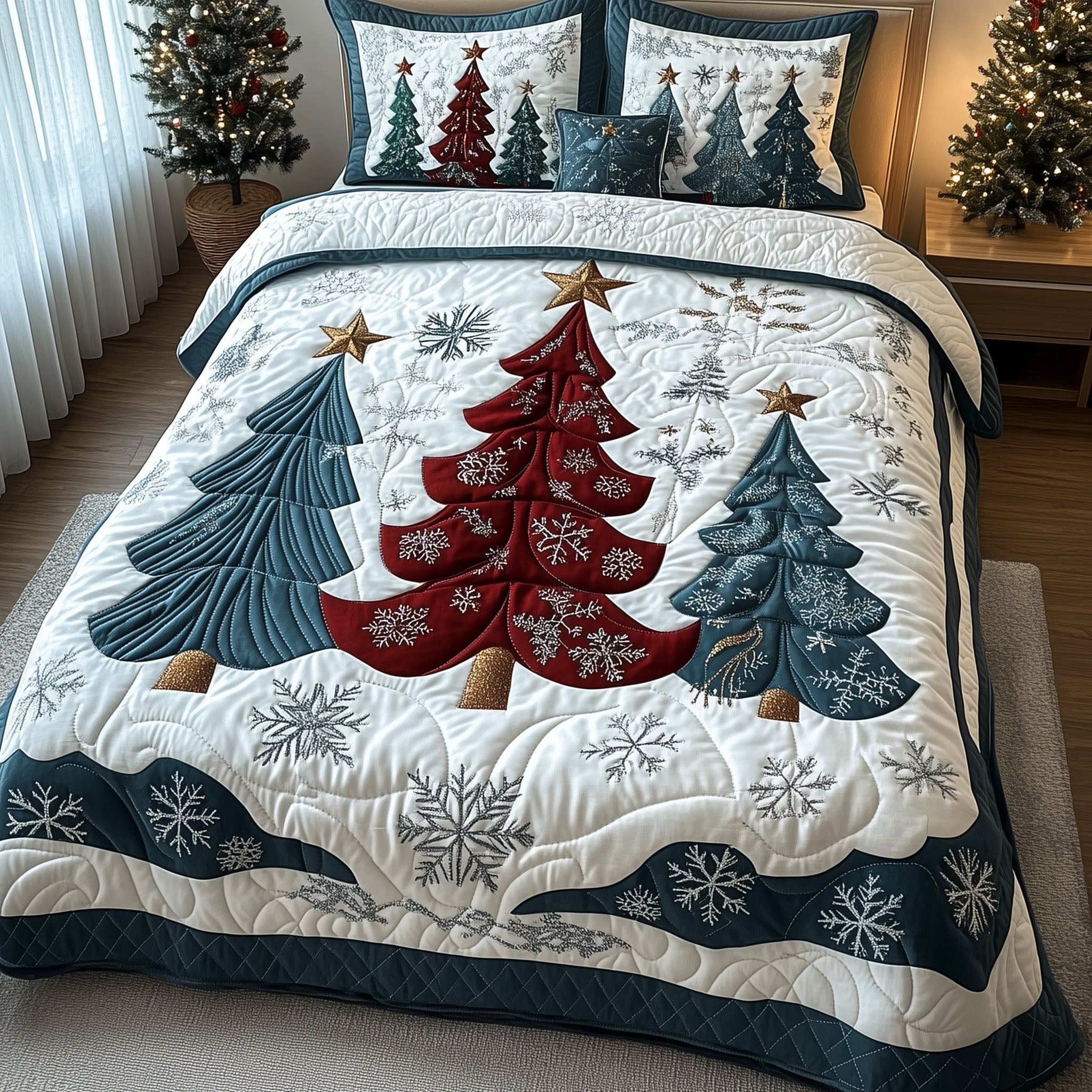 Yuletide Tree Christmas Quilted Bedding Set Duvet Cover Bedspread Gifts For Christmas