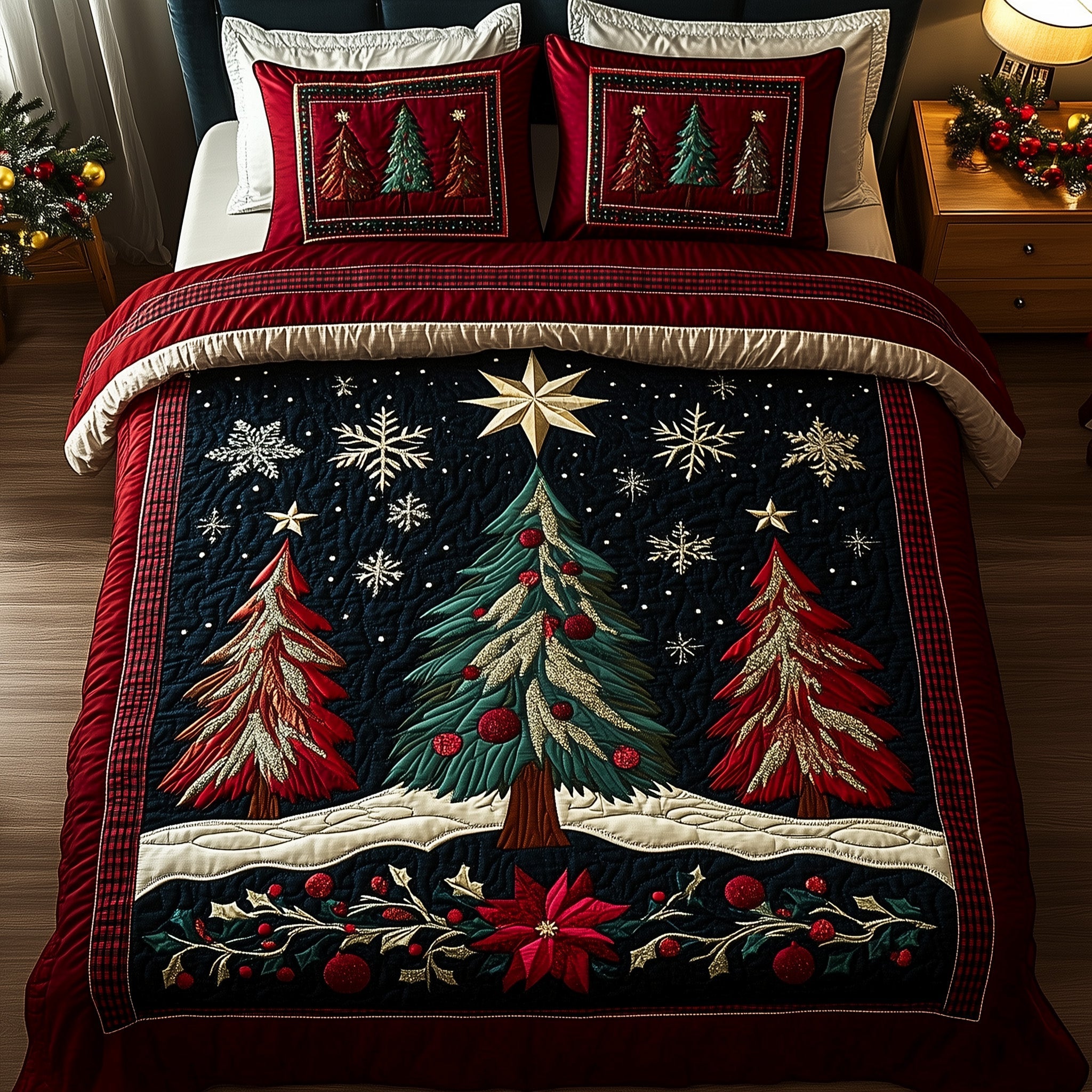 Yuletide Tree Christmas Quilted Bedding Set Duvet Cover Bedspread Xmas Gifts For Friends