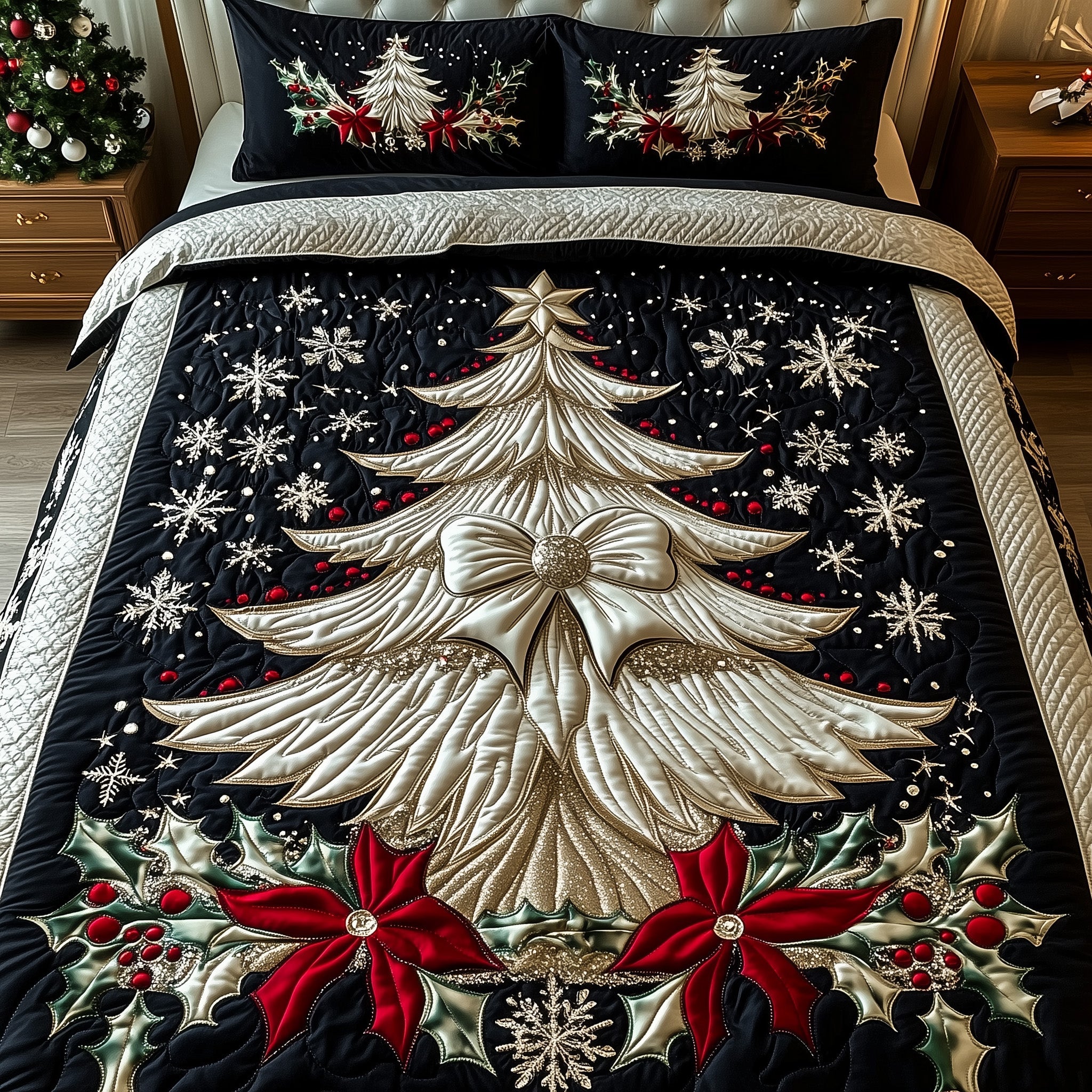 Yuletide Tree Christmas Quilted Bedding Set Duvet Cover Bedspread Xmas Holiday Theme Gift Ideas