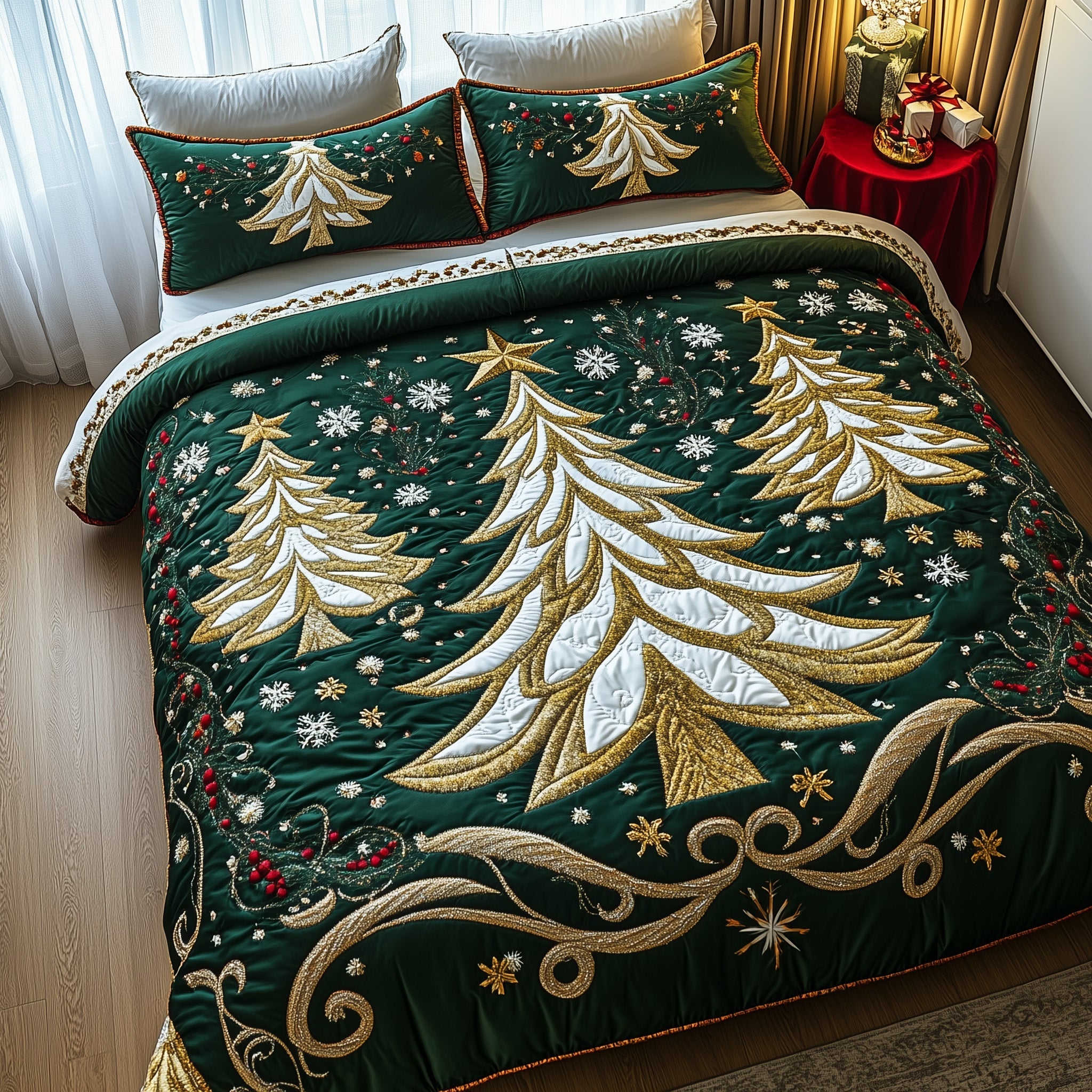 Yuletide Tree Christmas Quilted Bedding Set Duvet Cover Bedspread Xmas Holiday Theme Gifts