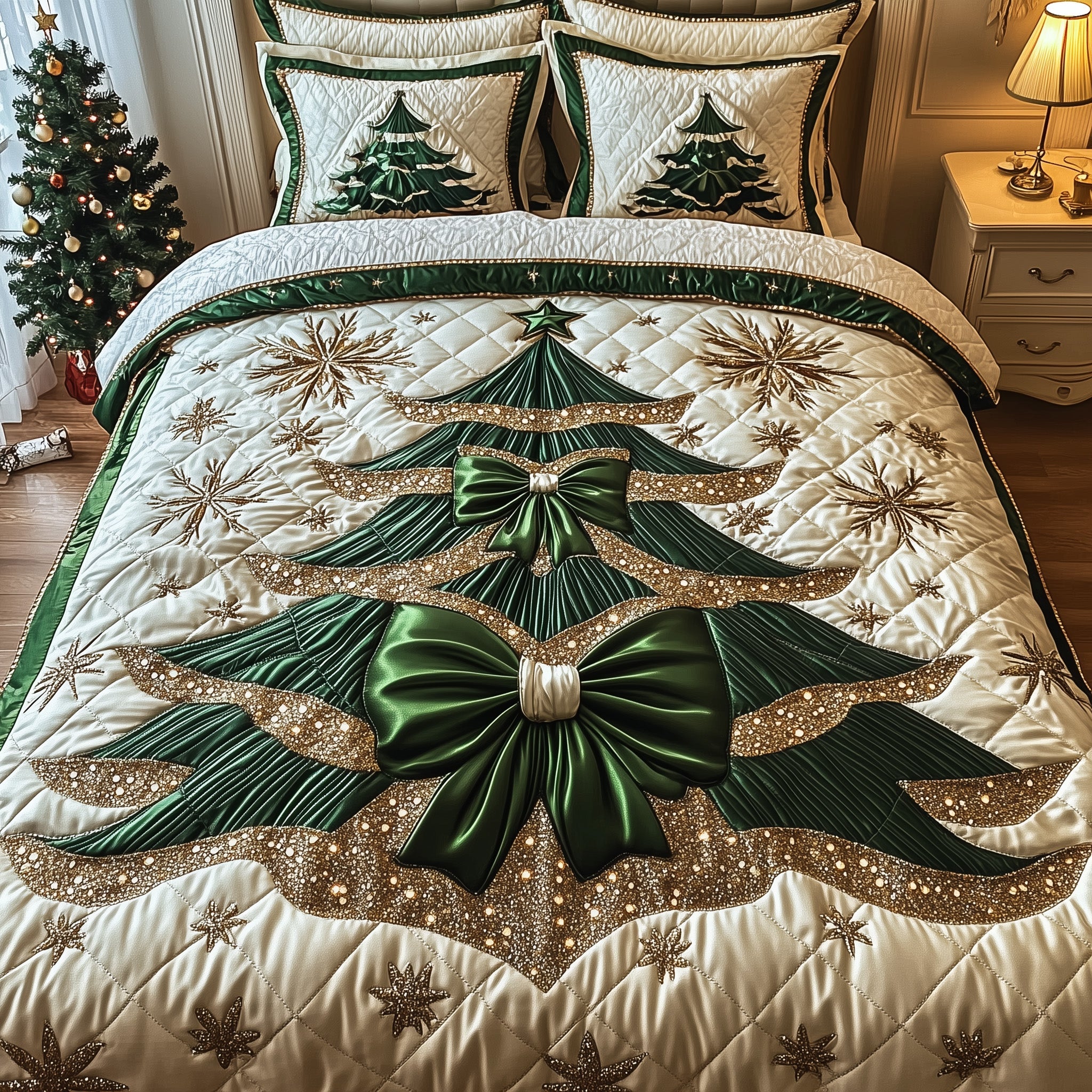Yuletide Tree Christmas Quilted Bedding Set Duvet Cover Bedspread Xmas Holiday Theme Gifts For Her