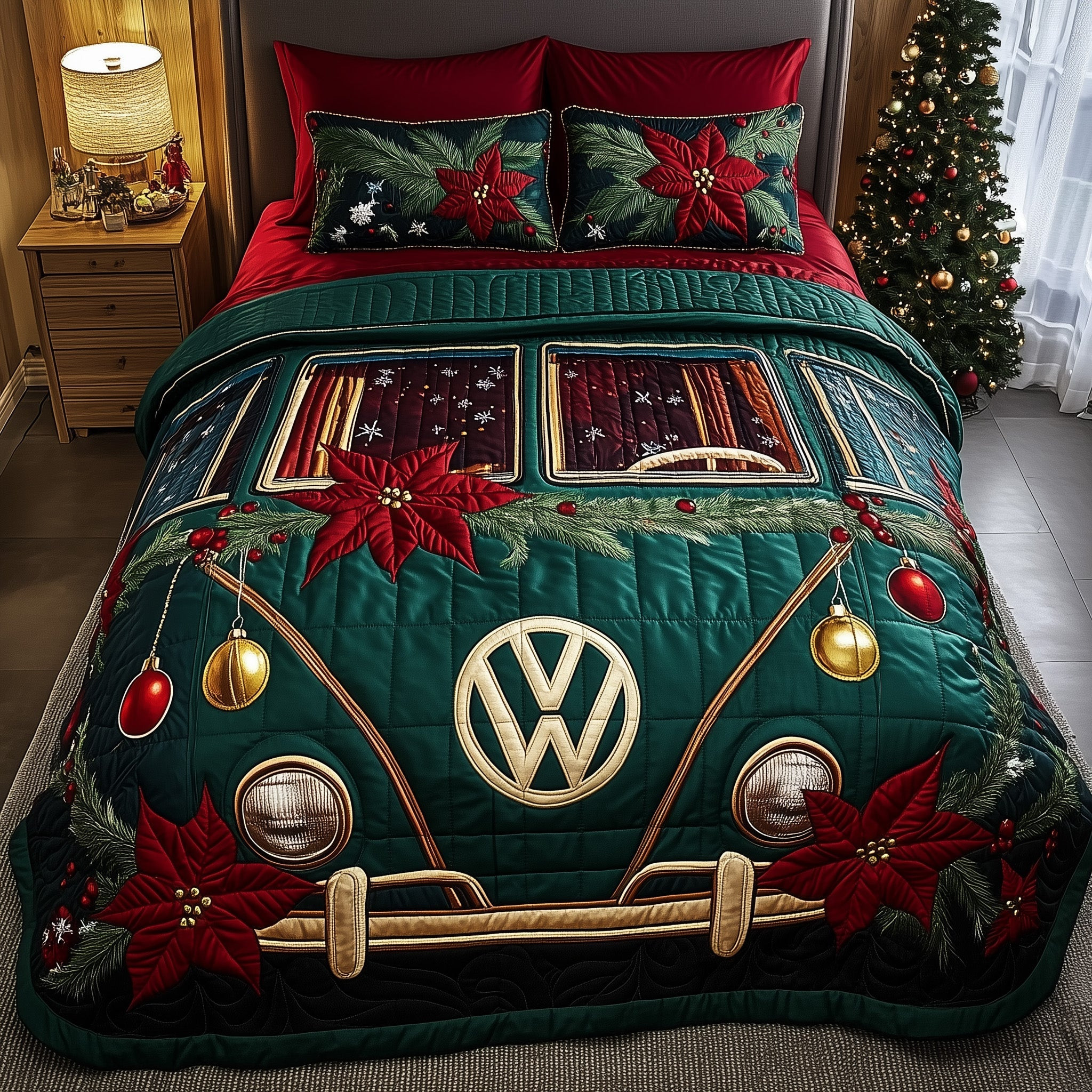 Yuletide Van Quilted Bedding Set Merry Christmas Drive Decor Xmas Bedding Gifts