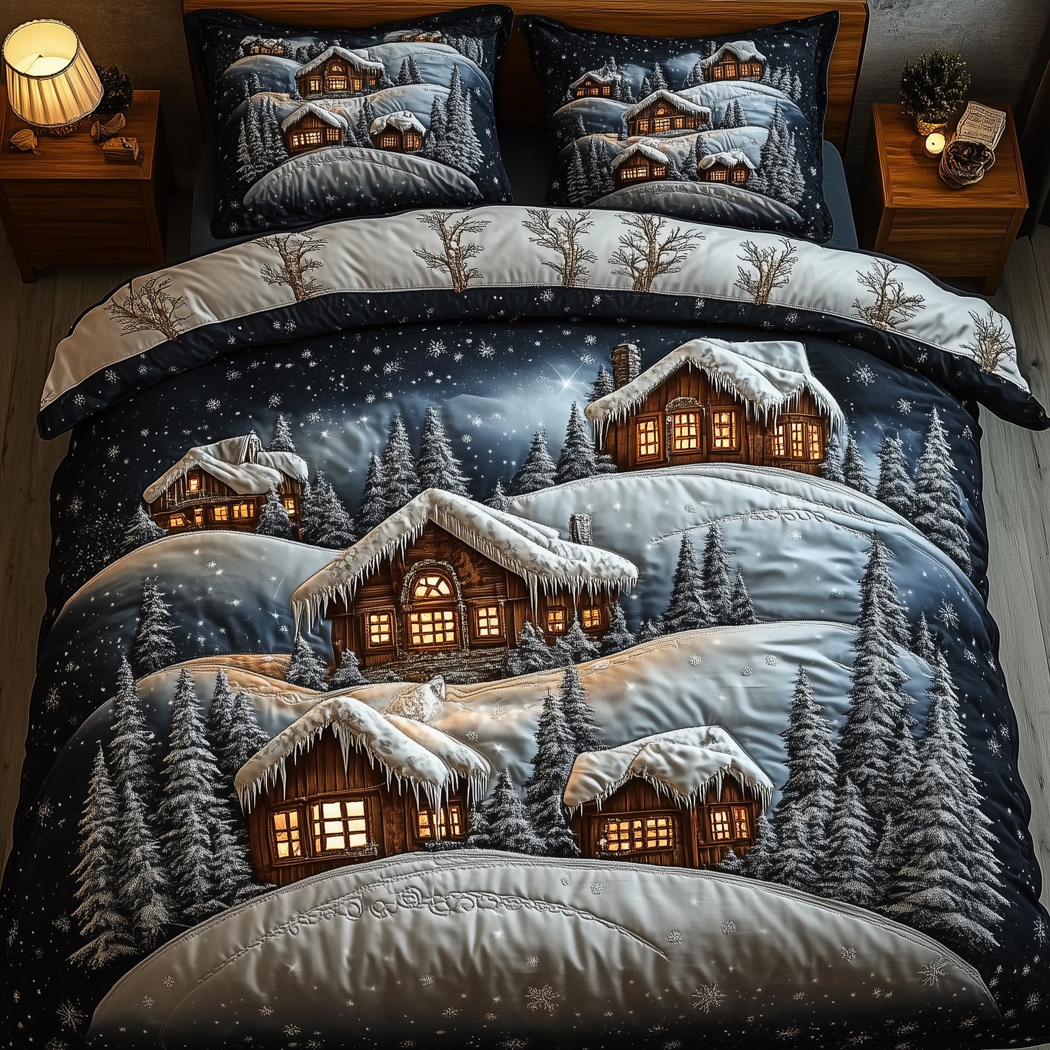 Yuletide Village Christmas Quilted Bedding Set Duvet Cover Bedspread Cute Chrismas Holiday Gifts For Family