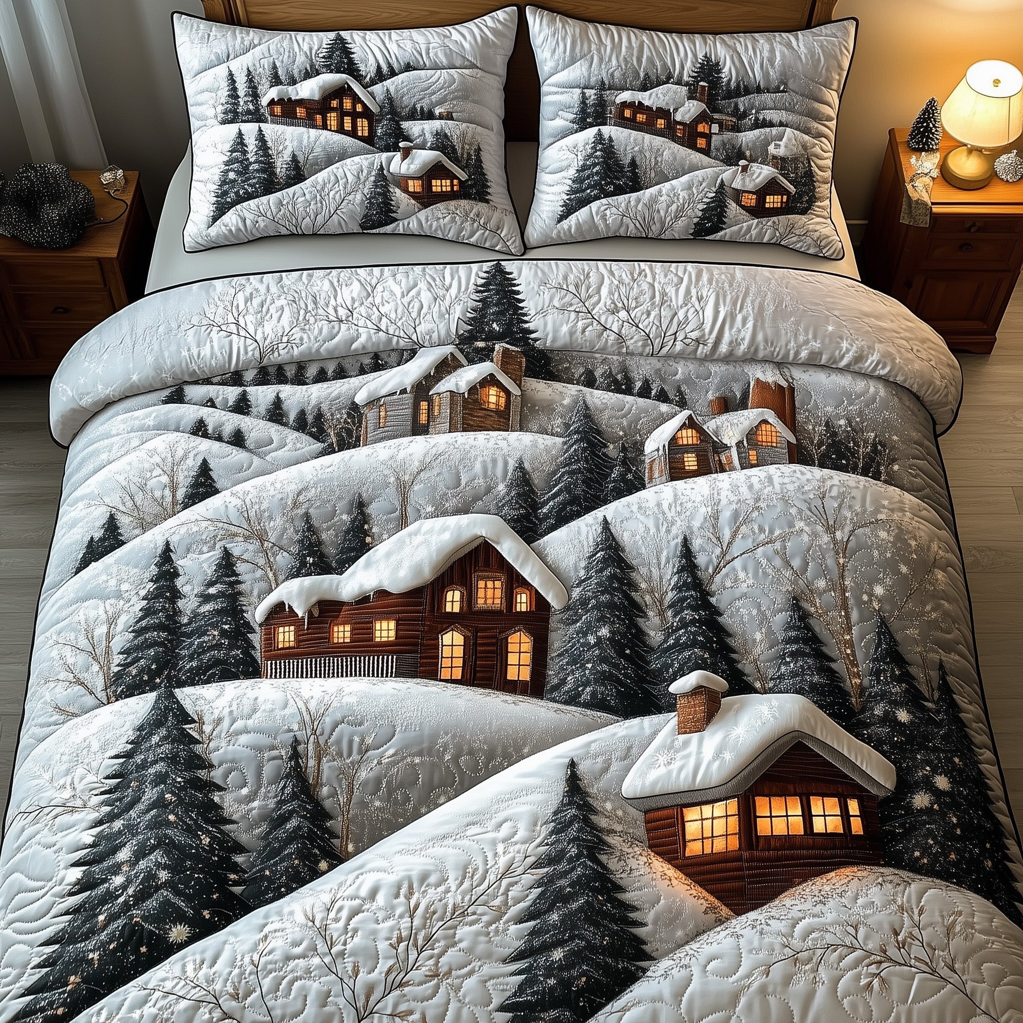 Yuletide Village Christmas Quilted Bedding Set Duvet Cover Bedspread Cute Chrismas Holiday Gifts For Girlfriend