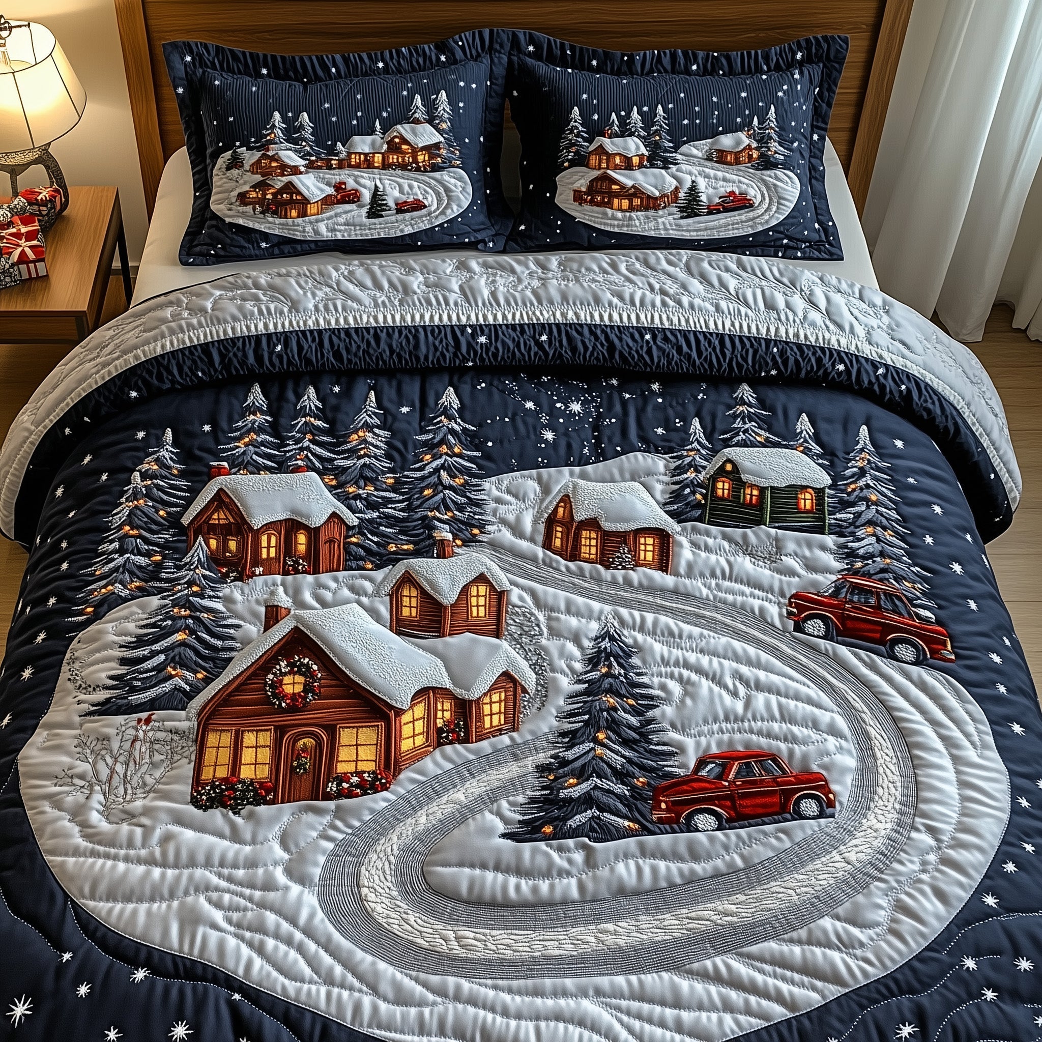 Yuletide Village Christmas Quilted Bedding Set Duvet Cover Bedspread Cute Chrismas Holiday Gifts For Lovers