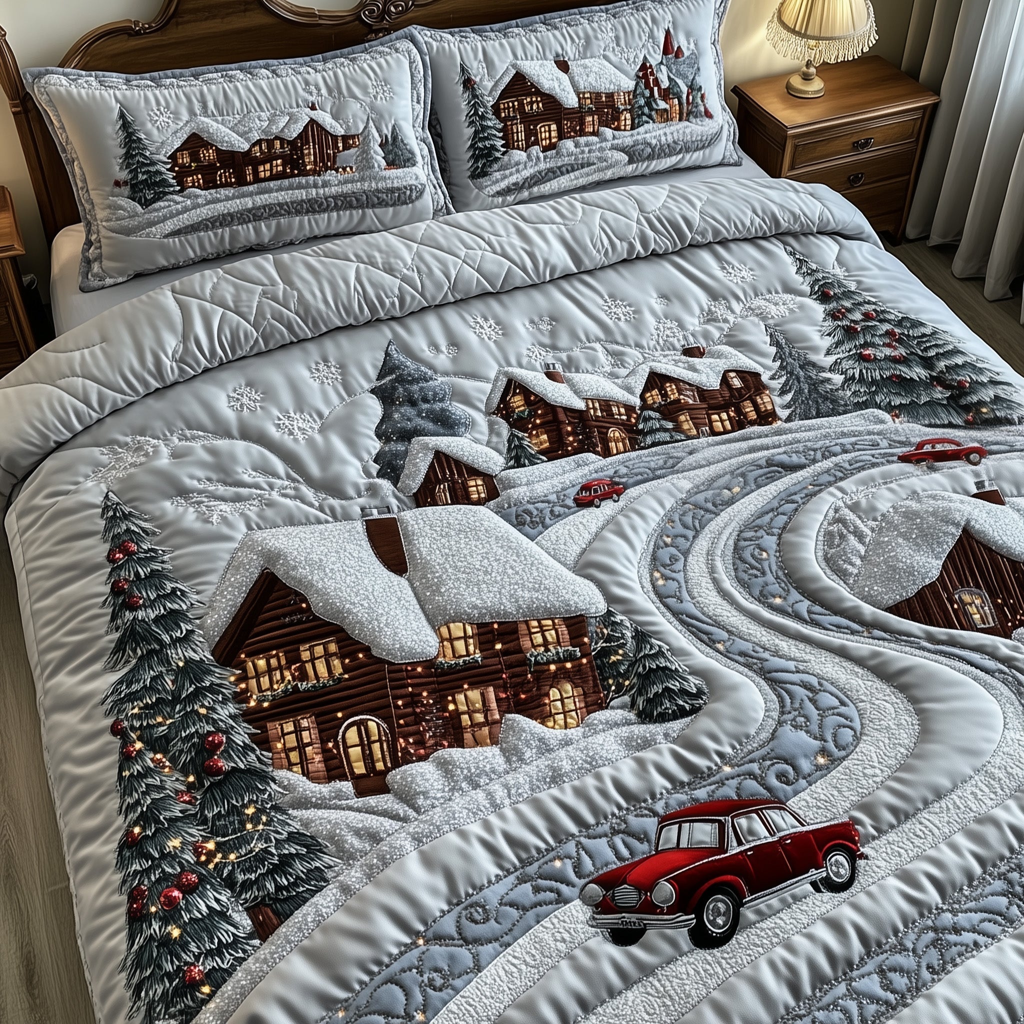 Yuletide Village Christmas Quilted Bedding Set Duvet Cover Bedspread Cute Chrismas Holiday Presents